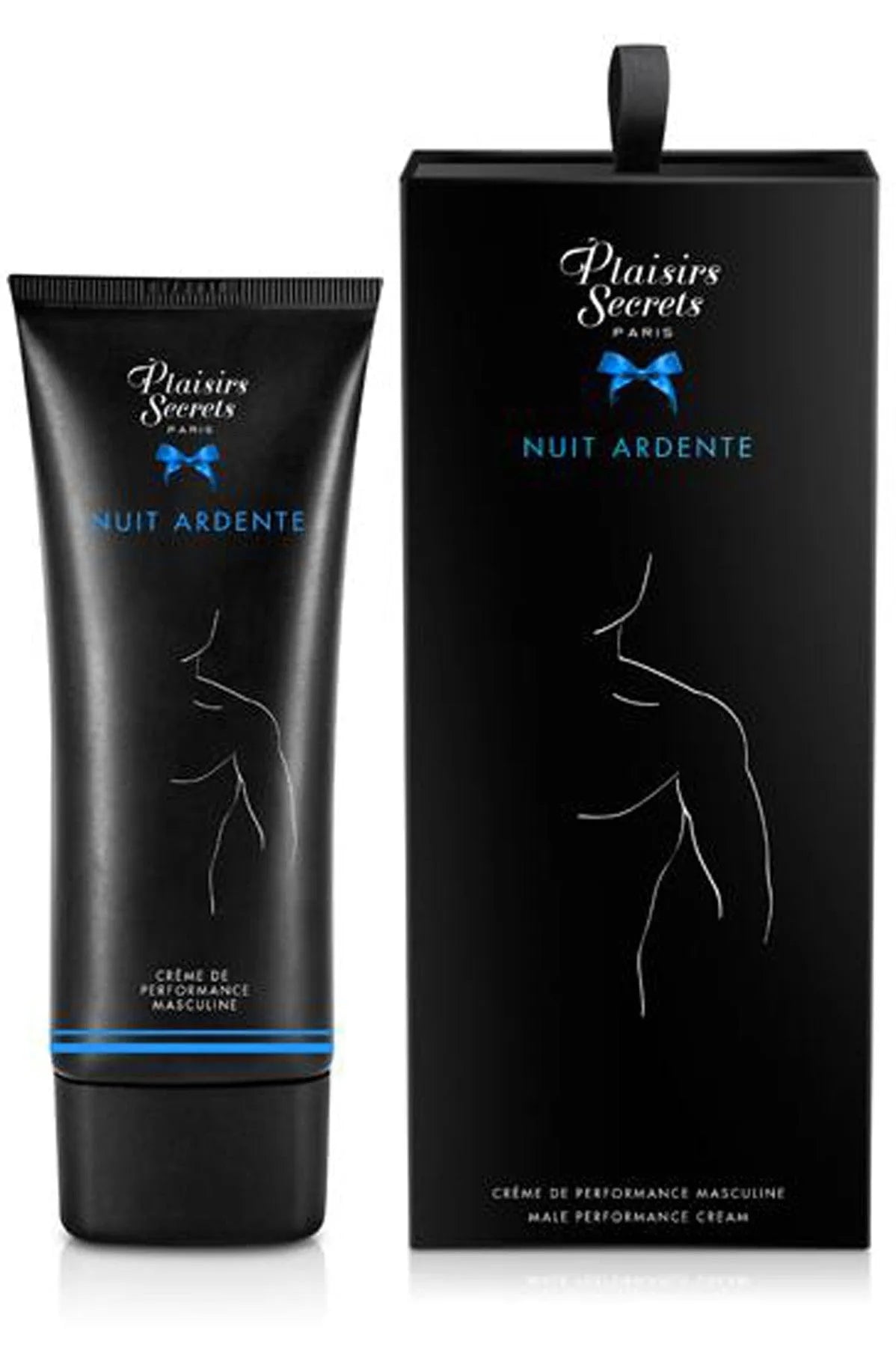 Crème nuit ardente stimulante masculine 60ml, tube noir avec détails bleus, boîte assortie, amélioration érection.