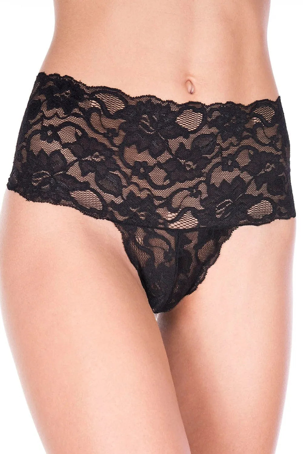 Culotte haute noire en dentelle florale, coupe tanga string, maintien optimal, style sexy et féminin, nylon élasthanne.