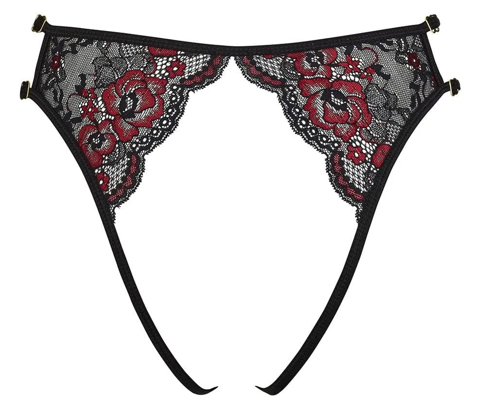 Culotte dentelle ouverte rouge noire, florale, lanières réglables, transparente, élégante, Cottelli, lingerie sexy.