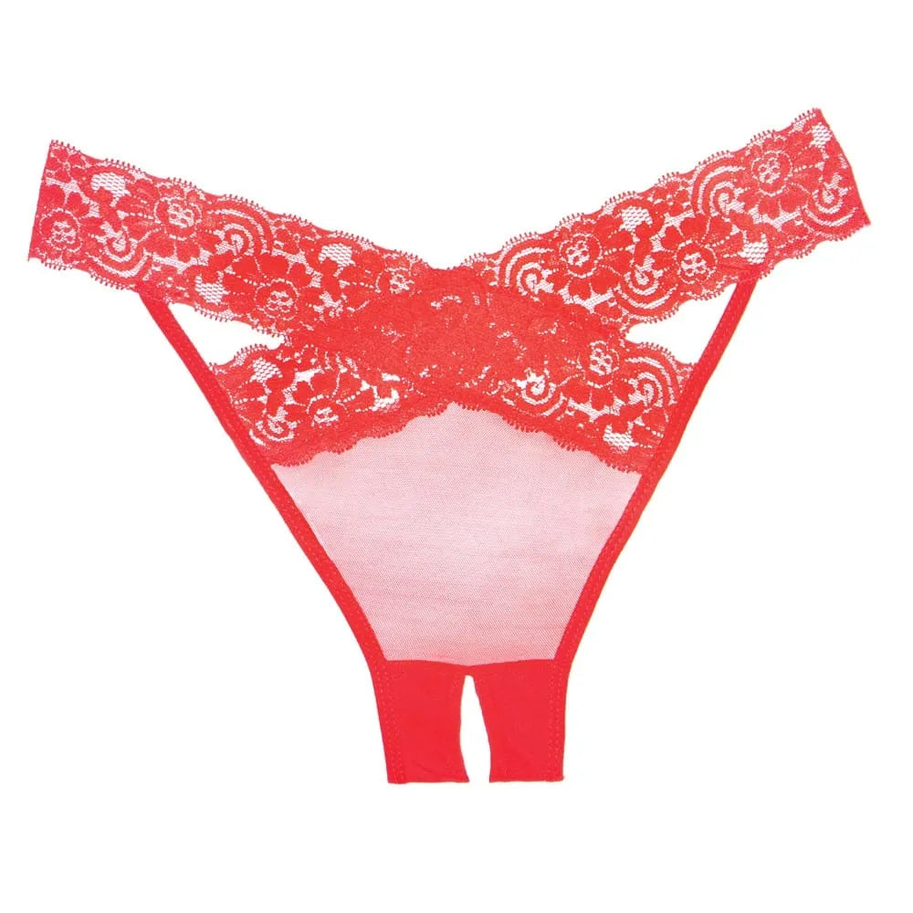 Culotte résille rouge ouverte, dentelle croisée, ceinture maintien, bandes entrejambe, lingerie sexy et élégante.