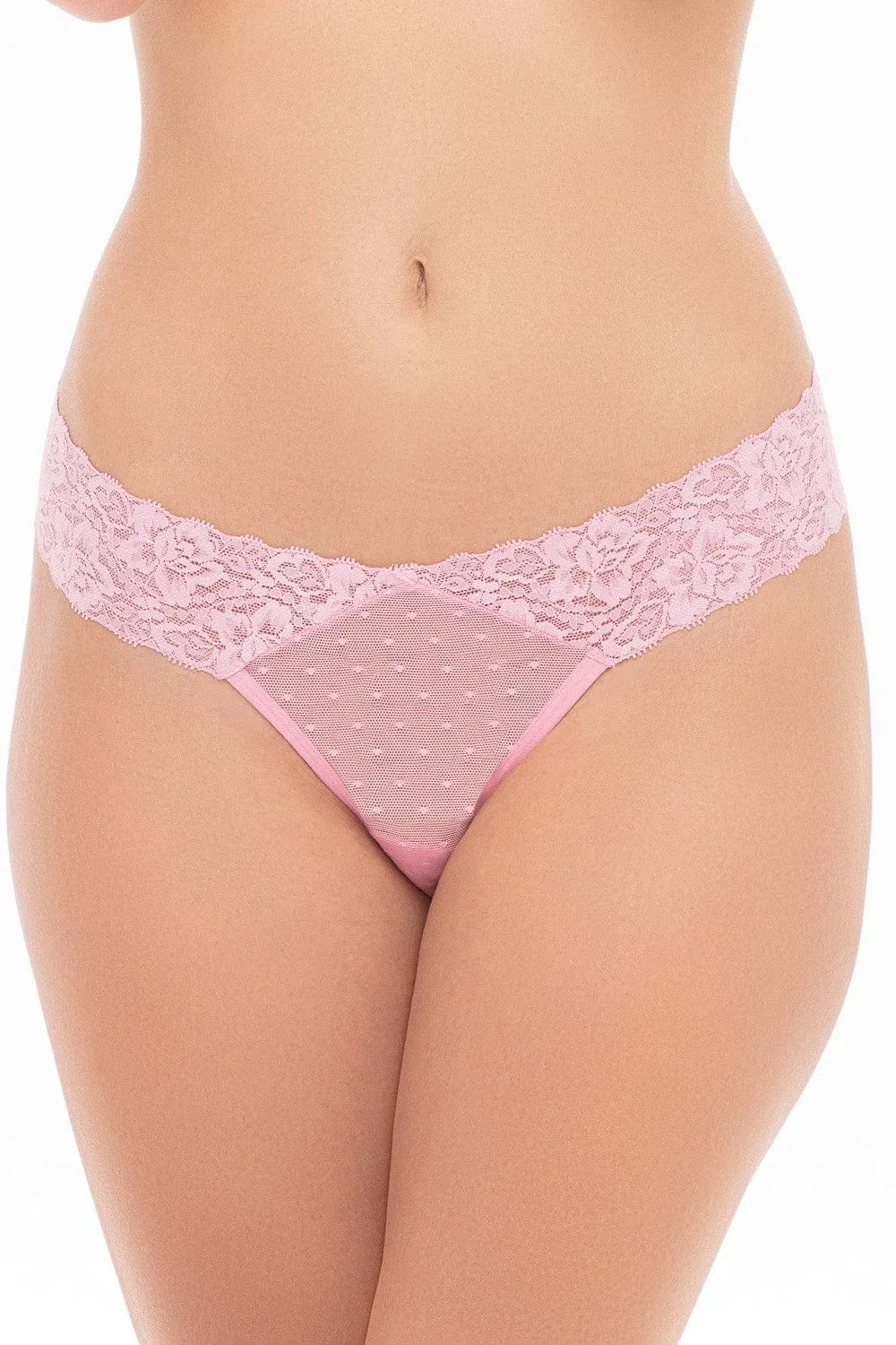 Culotte shorty rose transparente en résille fine, ceinture dentelle florale, arrière ouvert avec lanières croisées.