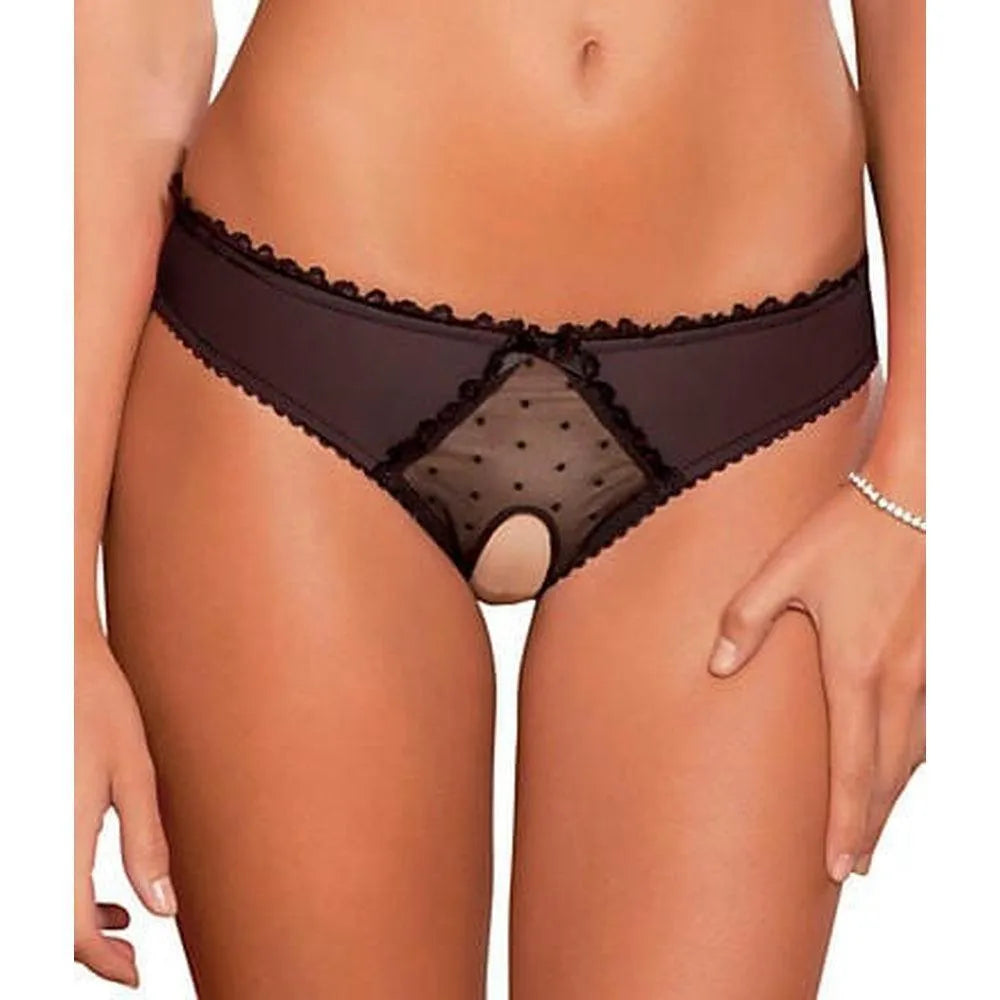 Culotte fendue sexy audacieuse ouverte entrejambe arrière microfibre maille dentelle satin noeuds satinés confortable coupe flatteuse extensible