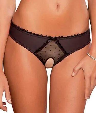 Culotte fendue noire en dentelle et maille, ouverte à l'entrejambe, ornée de nœuds satinés, coupe flatteuse et extensible.