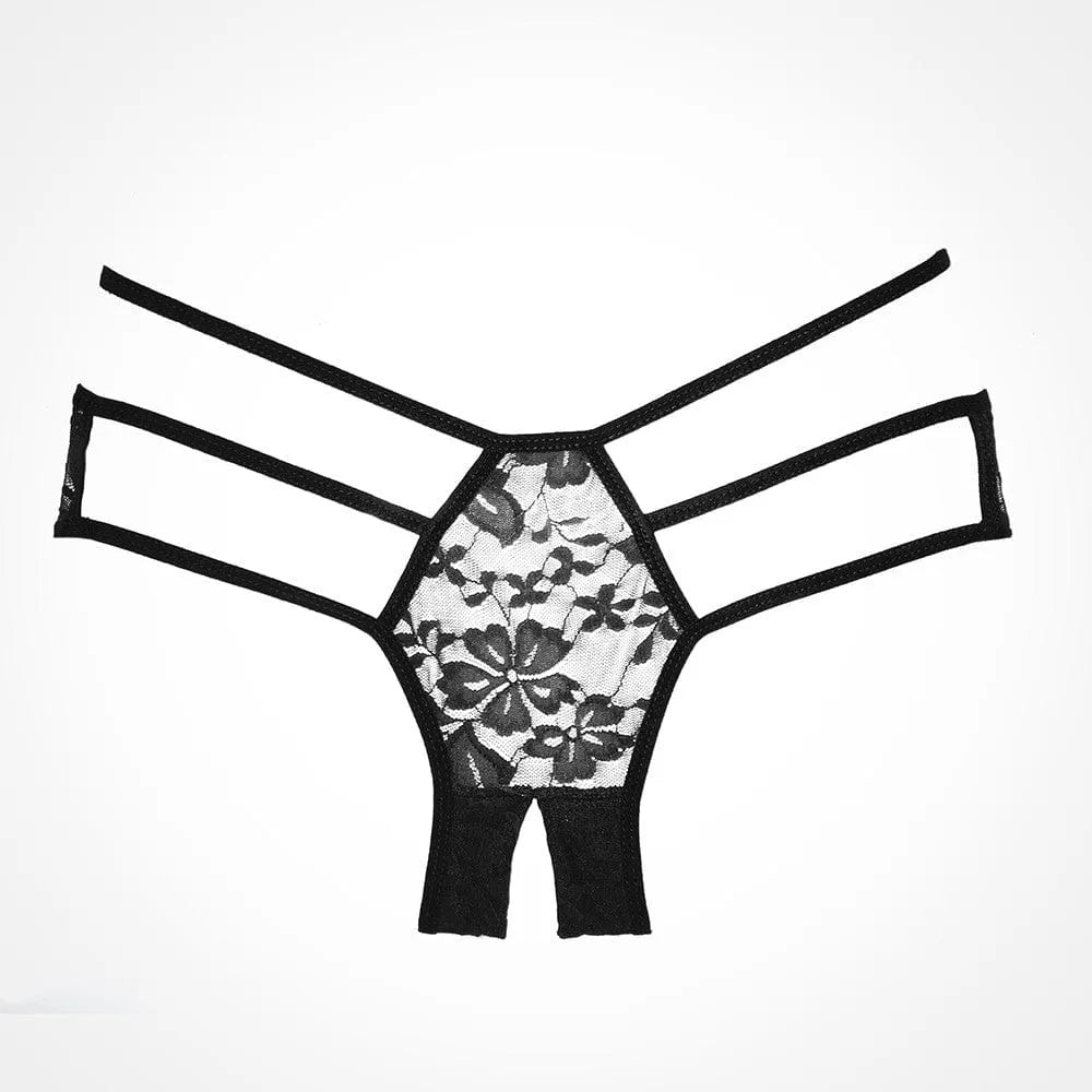 Culotte fendue femme en dentelle florale noire, lanières fines, élégante et sensuelle, polyester, lavage main froid.