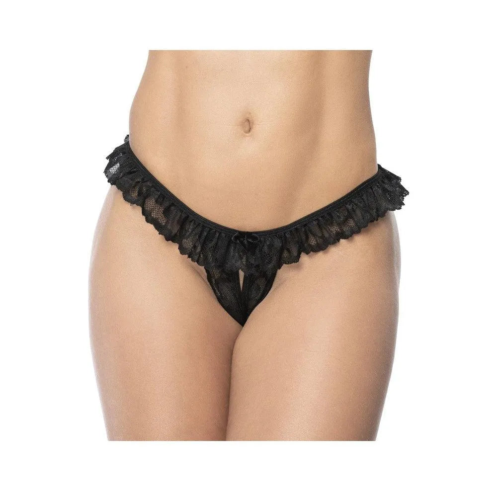 culotte froufrou dentelle florale noire ouverte noeud décoratif sexy glamour sophistiquée délicate extensible élastique confortable ajustée tailles variées féminine raffinée