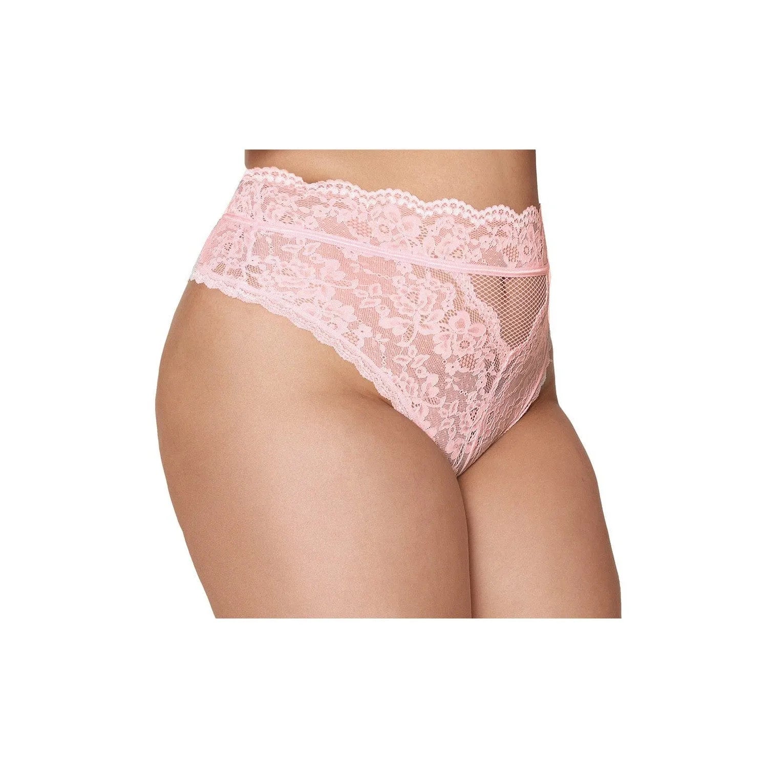 Culotte grande taille rose en dentelle, taille haute, élégante, avec ceinture moderne et détails féminins raffinés.