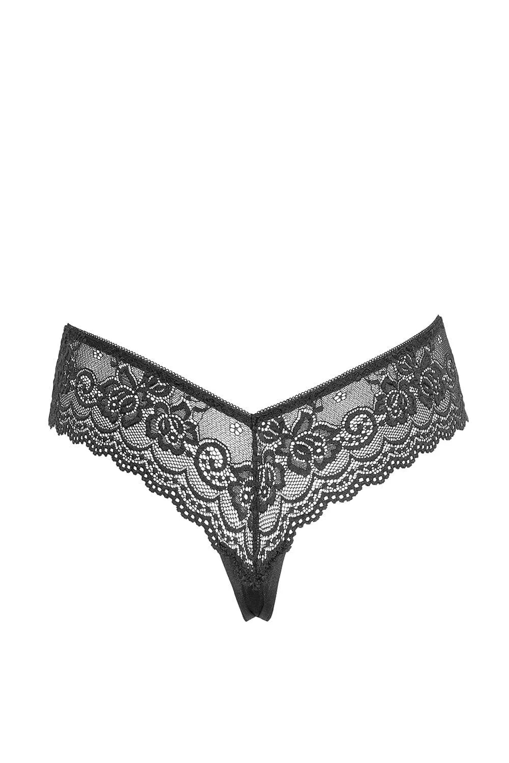 Culotte haute noire en dentelle florale, coupe string, élégante et chic, avec doublure opaque à l'entrejambe.