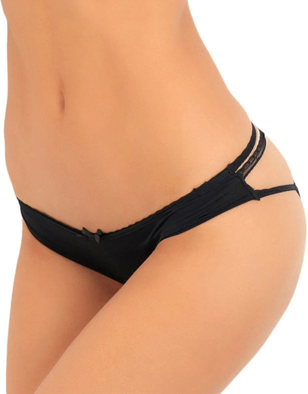 Culotte noire sexy en nylon avec ornements croisés arrière, design élégant et confortable, allure sensuelle et délicate.