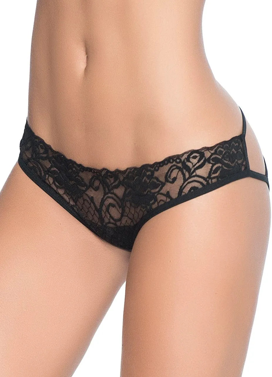 Culotte noire dentelle sexy, style cage, fesses échancrées, extensible, nylon élasthanne, élégance et sensualité.