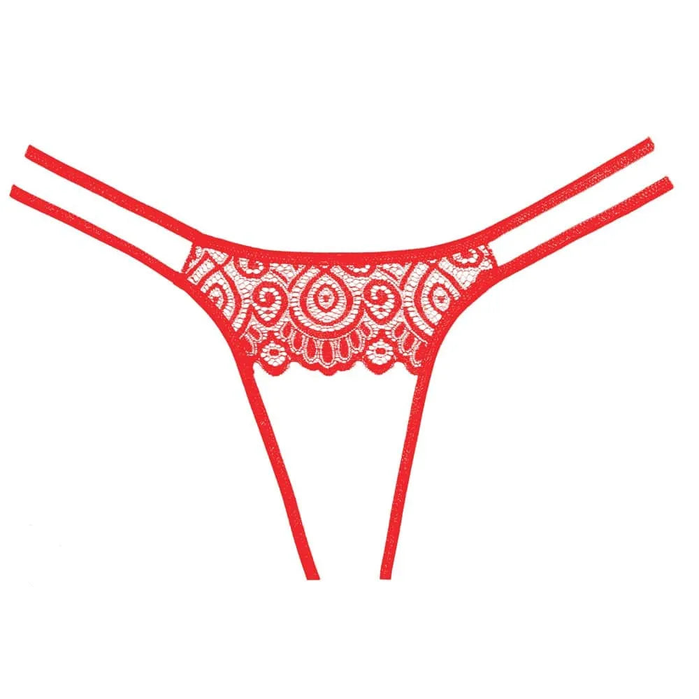 Culotte ouverte rouge en dentelle, lanières doubles, entrejambe festonné, design chic et sensuel, polyester élasthanne.