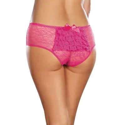 Culotte ouverte rose avec froufrous et nœud arrière, en dentelle, élégante et ajustable, sublimant la silhouette.