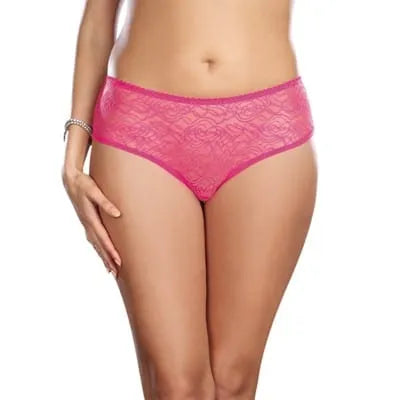 Culotte ouverte rose avec froufrous et nœud arrière, en dentelle, polyester et élasthanne, élégante et ajustable.
