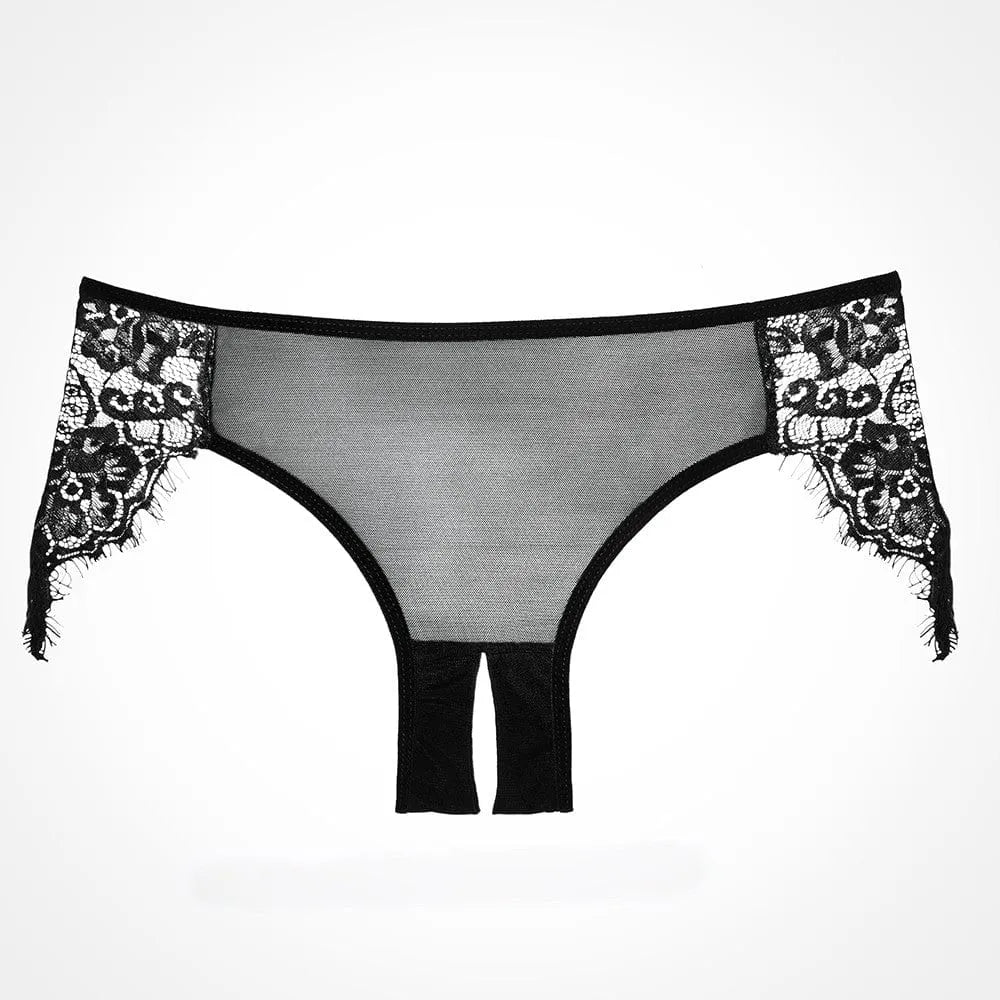 Culotte résille noire dentelle ouverte entrejambe, élégante et sensuelle, bandes vaporeuses, lingerie féminine.