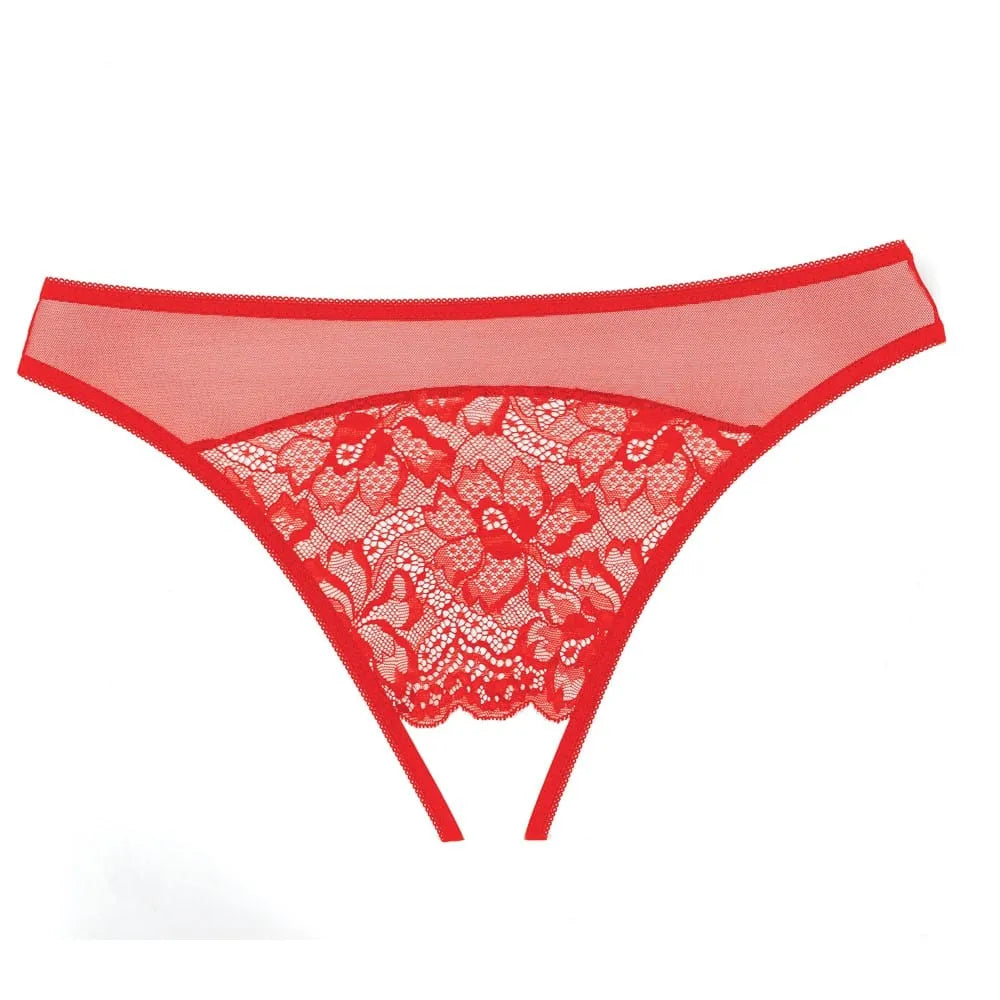 Culotte rouge en dentelle résille fine, ouverte à l'entrejambe, élégante et sensuelle, polyester, charme intemporel.
