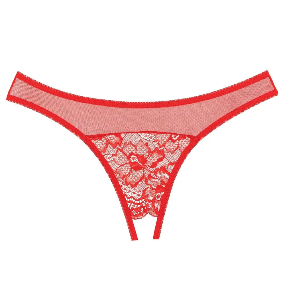 Culotte rouge en dentelle résille fine, ouverte à l'entrejambe, élégante et sensuelle, polyester, tailles S à L.