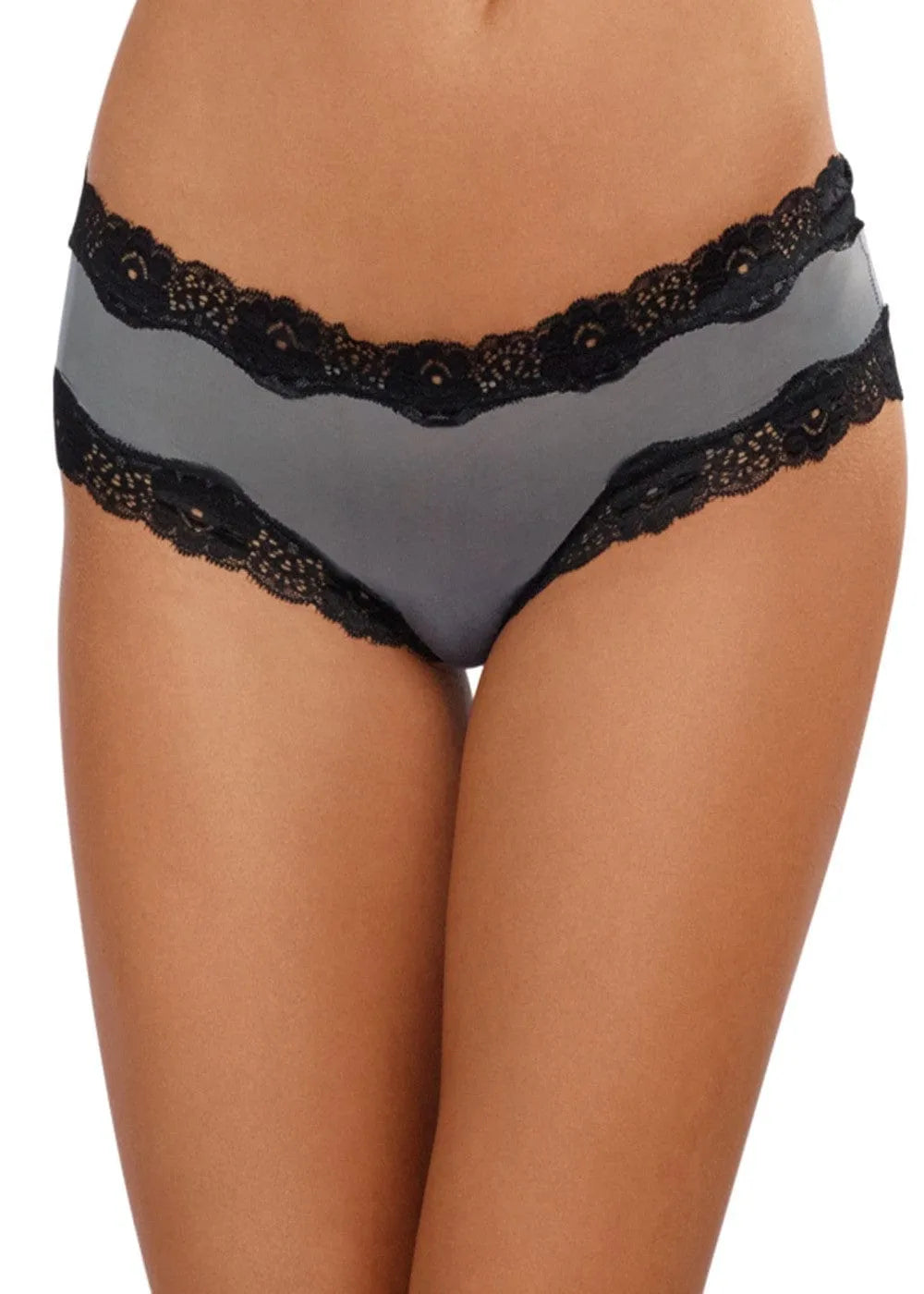 Culotte tanga gris satiné avec dentelle noire, ajourée à l'arrière, élégante et sexy pour occasions spéciales.
