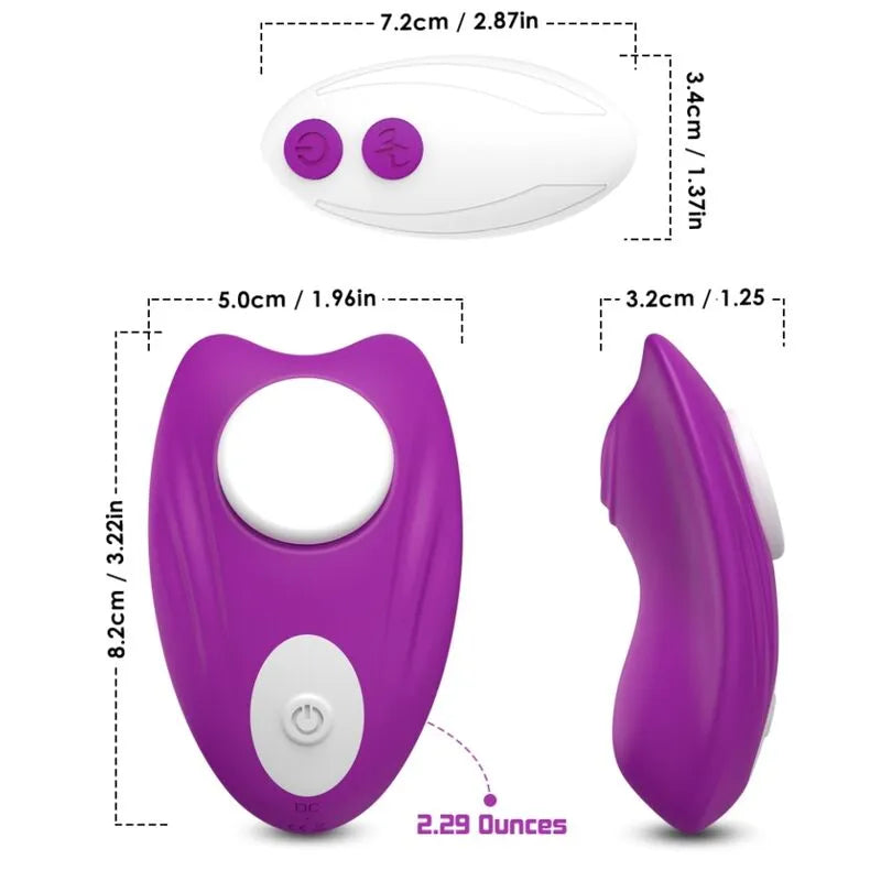 Culotte vibrante violette en silicone médical avec télécommande blanche, double moteur, fixation magnétique discrète.