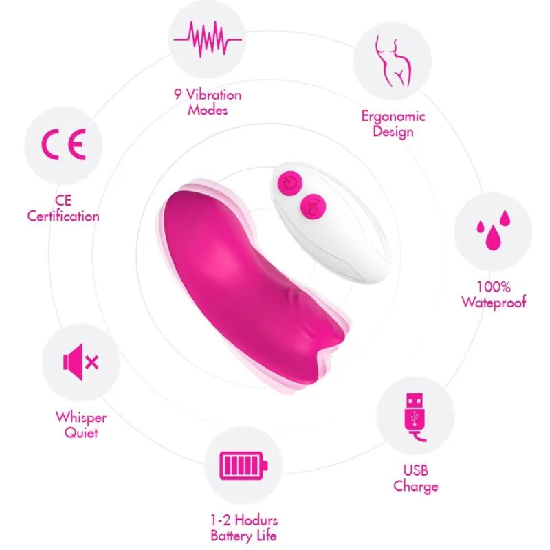 Culotte vibrante rose en silicone médical, double moteur, télécommande blanche, 9 modes, étanche, rechargeable USB.