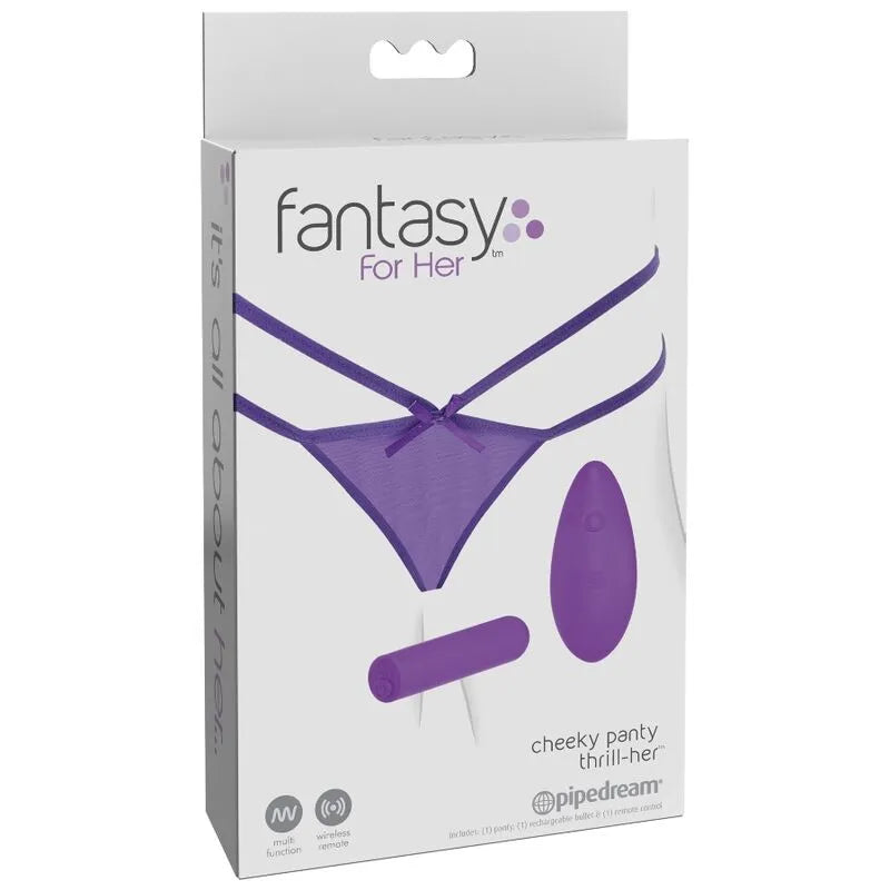 Culotte vibrante violette avec télécommande sans fil, design transparent et ergonomique, masseur miniature intégré.