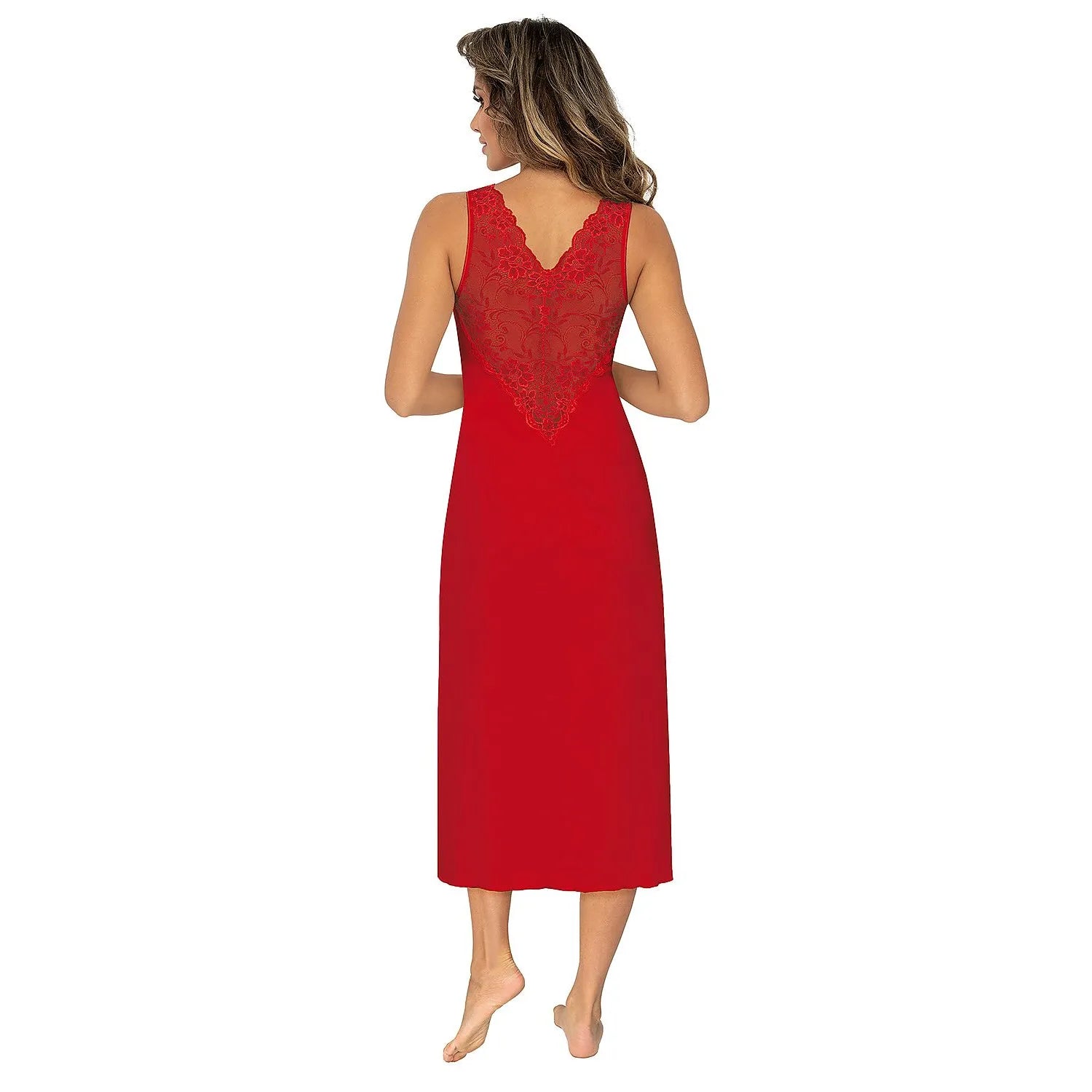 Chemise de nuit rouge mi-mollet en dentelle avec broderies fleuries, décolleté plongeant et bretelles larges.