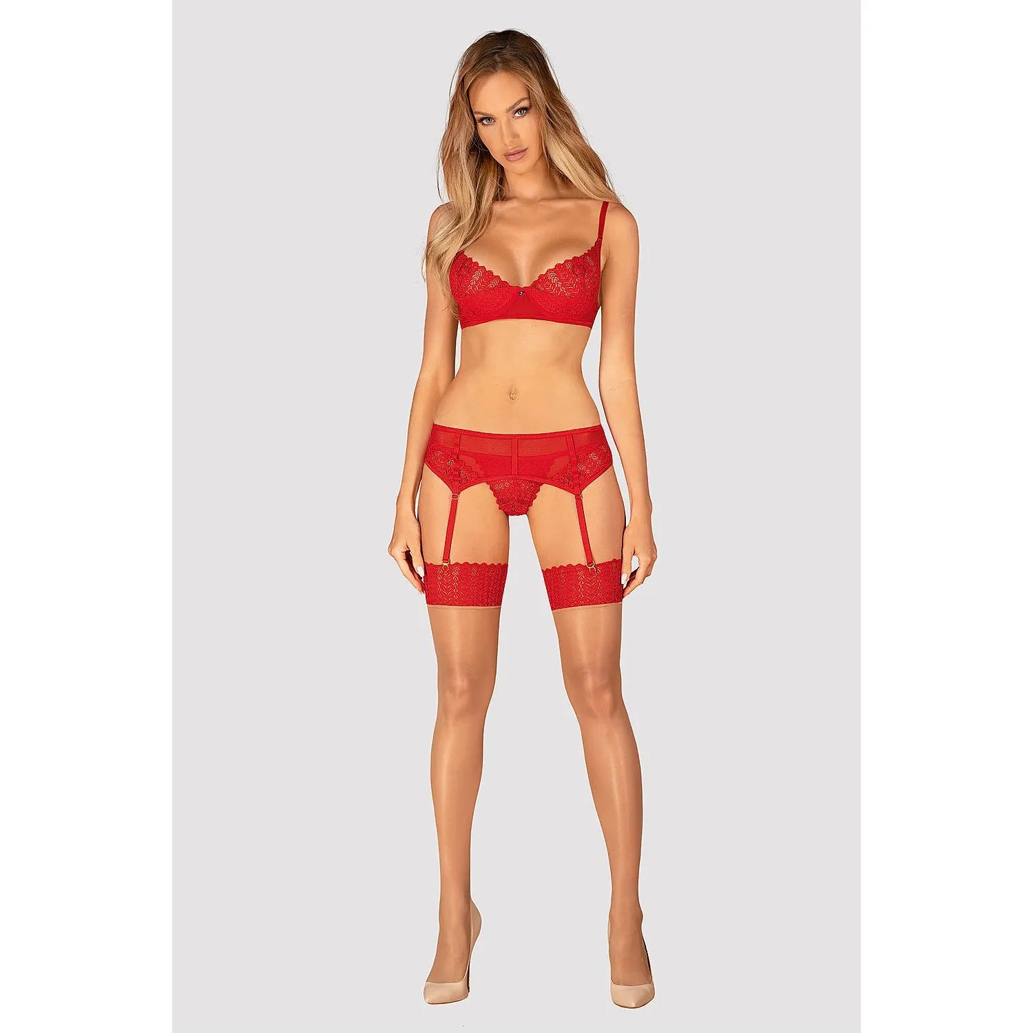 Ensemble lingerie rouge trois pièces femme, dentelle fine, soutien-gorge, porte-jarretelles, culotte, modèle 188070 Obsess...