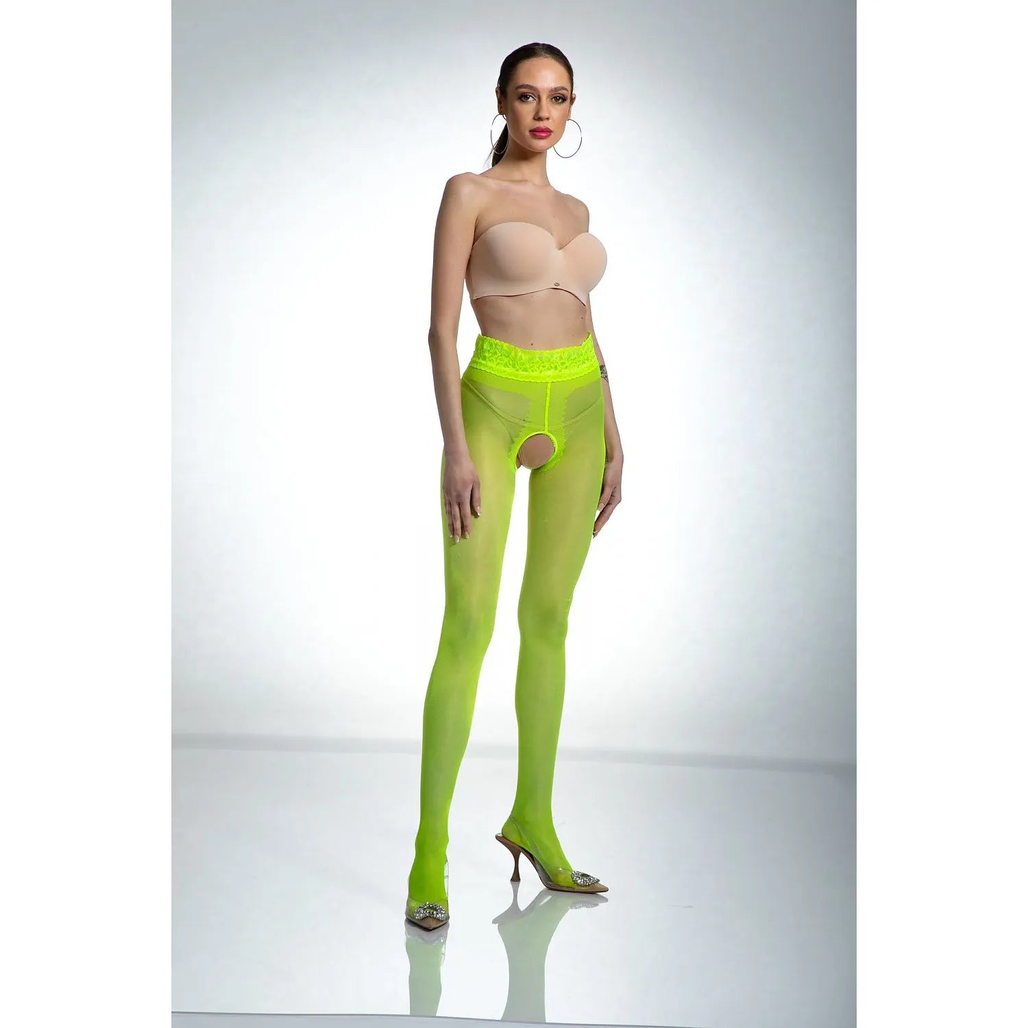 Collant érotique audacieux ouverture entrejambe dentelle silicone nylon spandex jaune fluo extensible maintien ceinture ajustable confortable silhouette sensuel soirée intime