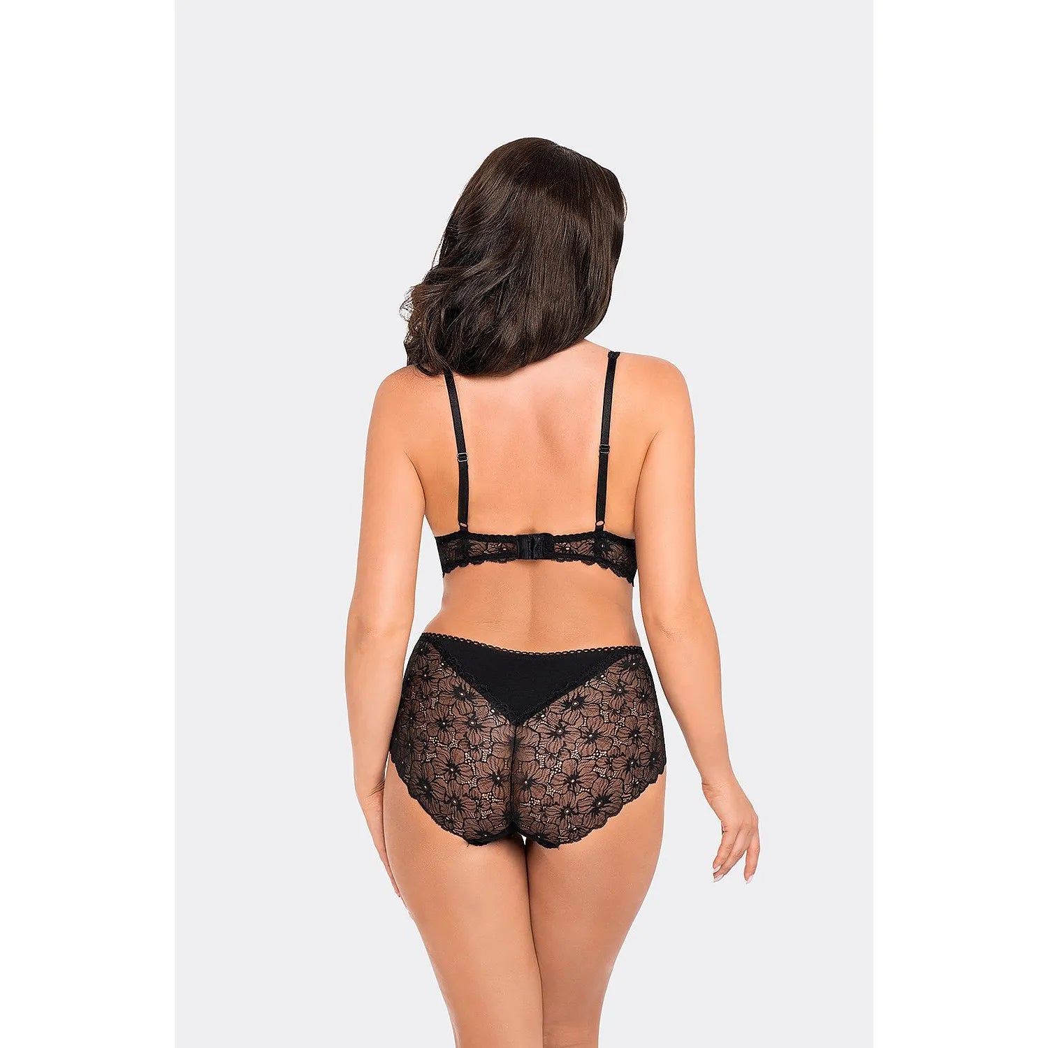 Ensemble lingerie noir Babell Model 189024, dentelle florale, soutien-gorge bandeau, culotte haute, confort élégant.