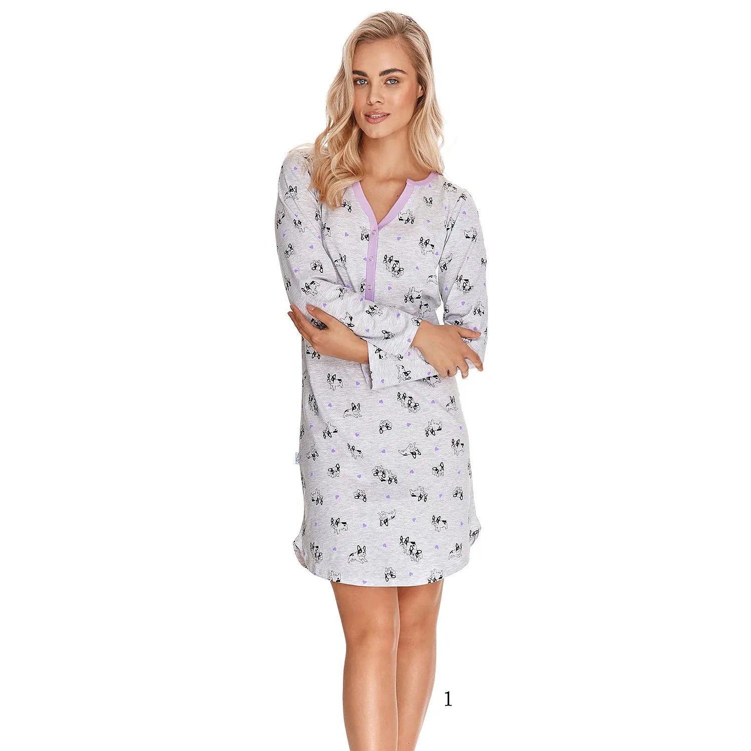 chemise nuit sexy coton pur doux motifs élégants encolure V contrastante manches longues longueur genou boutons pression