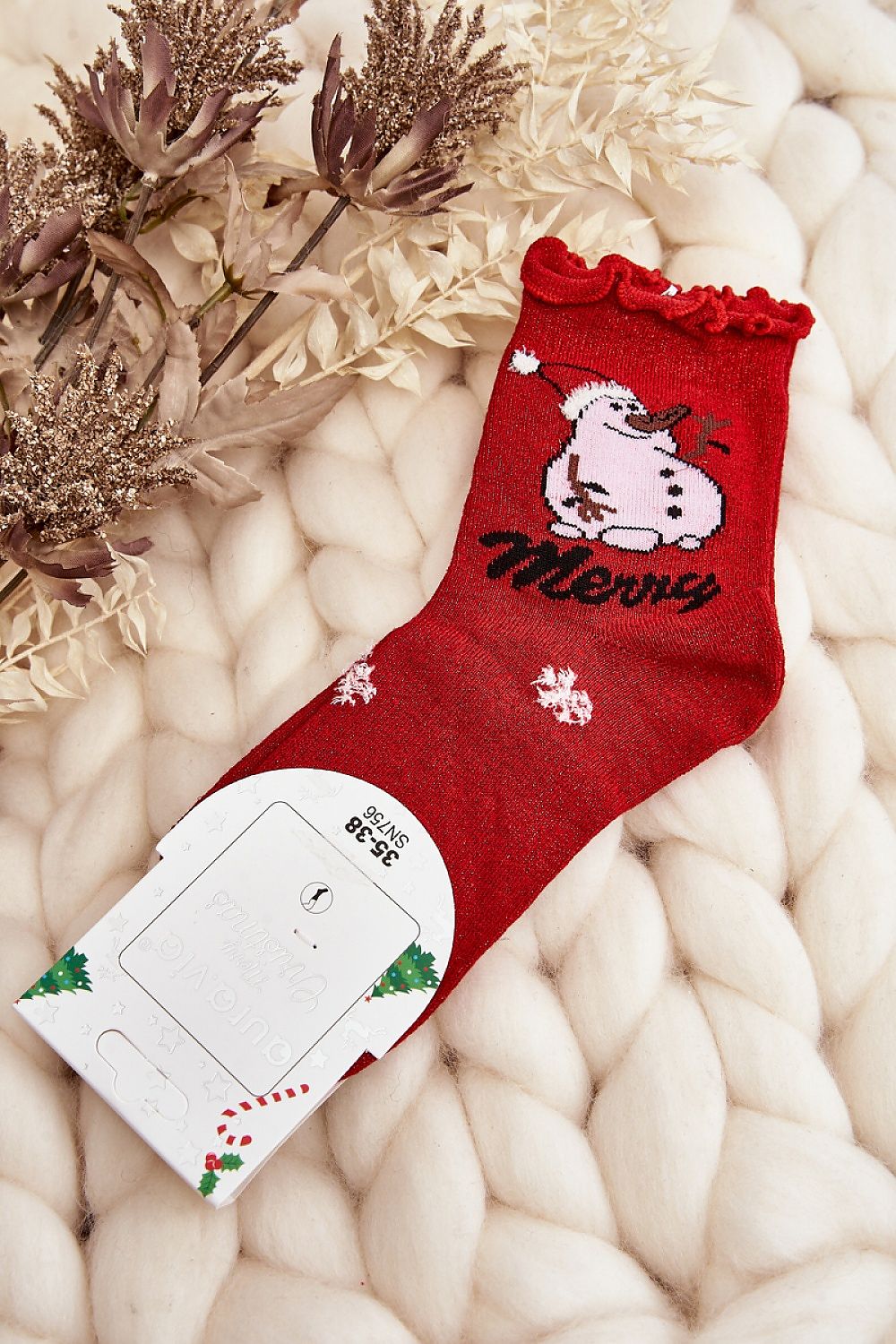 Chaussettes rouges à paillettes avec motif de Noël, coton 85 %, parfaites pour cadeau festif.