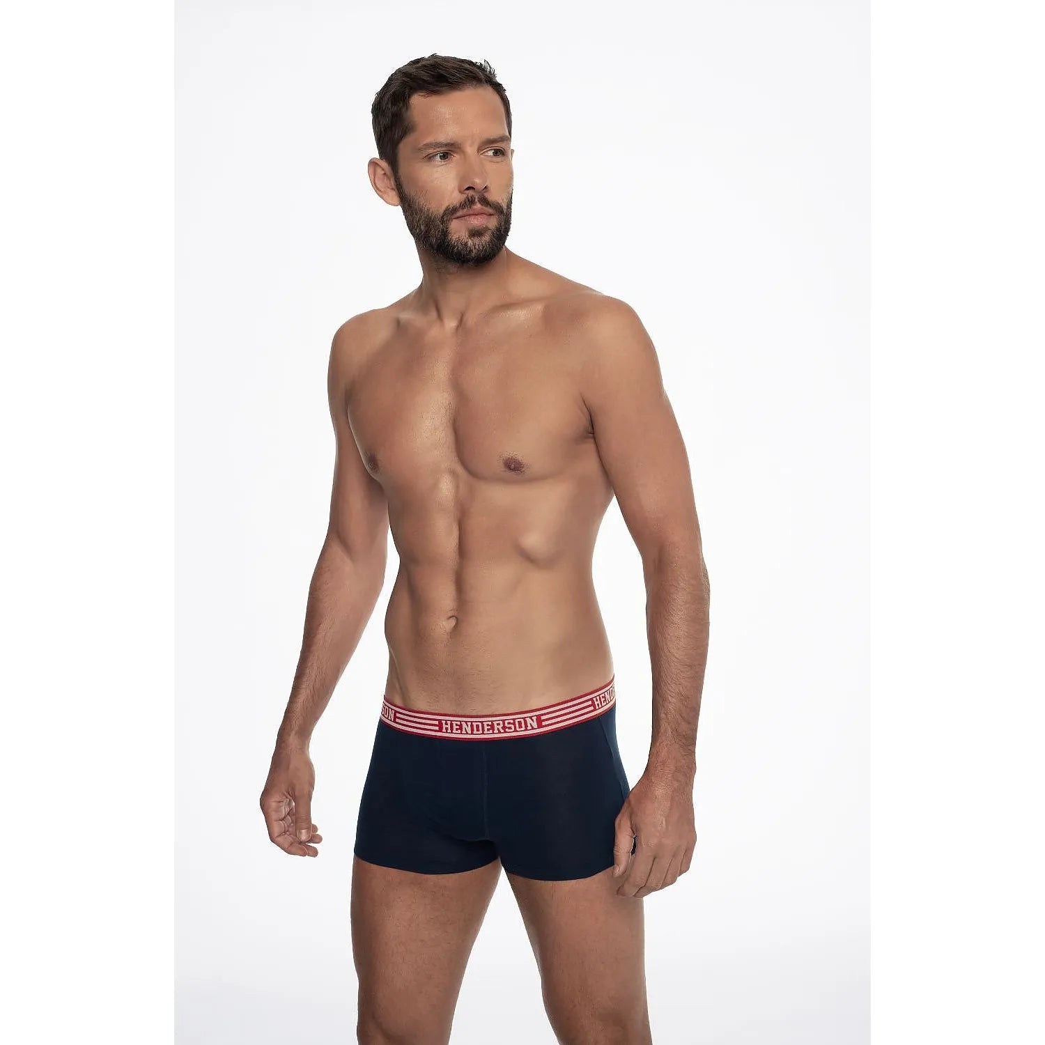Boxer homme bleu marine motif ancre, ceinture rouge logo Henderson, ajusté, coton élasthanne, confort et style élégant.