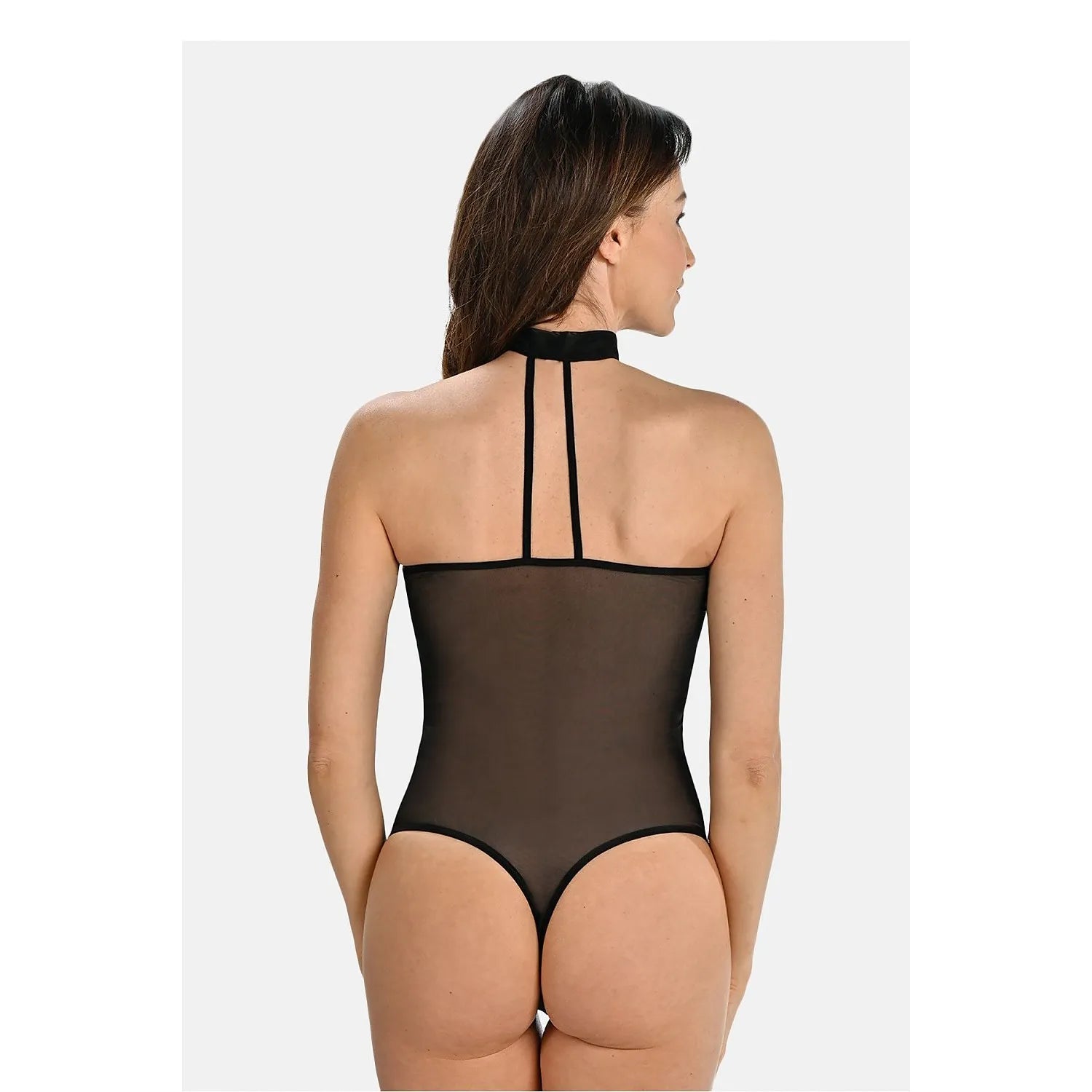 Body lingerie noir transparent, col haut, sans bretelles, ajusté, élégant, en maille extensible pour allure sensuelle.