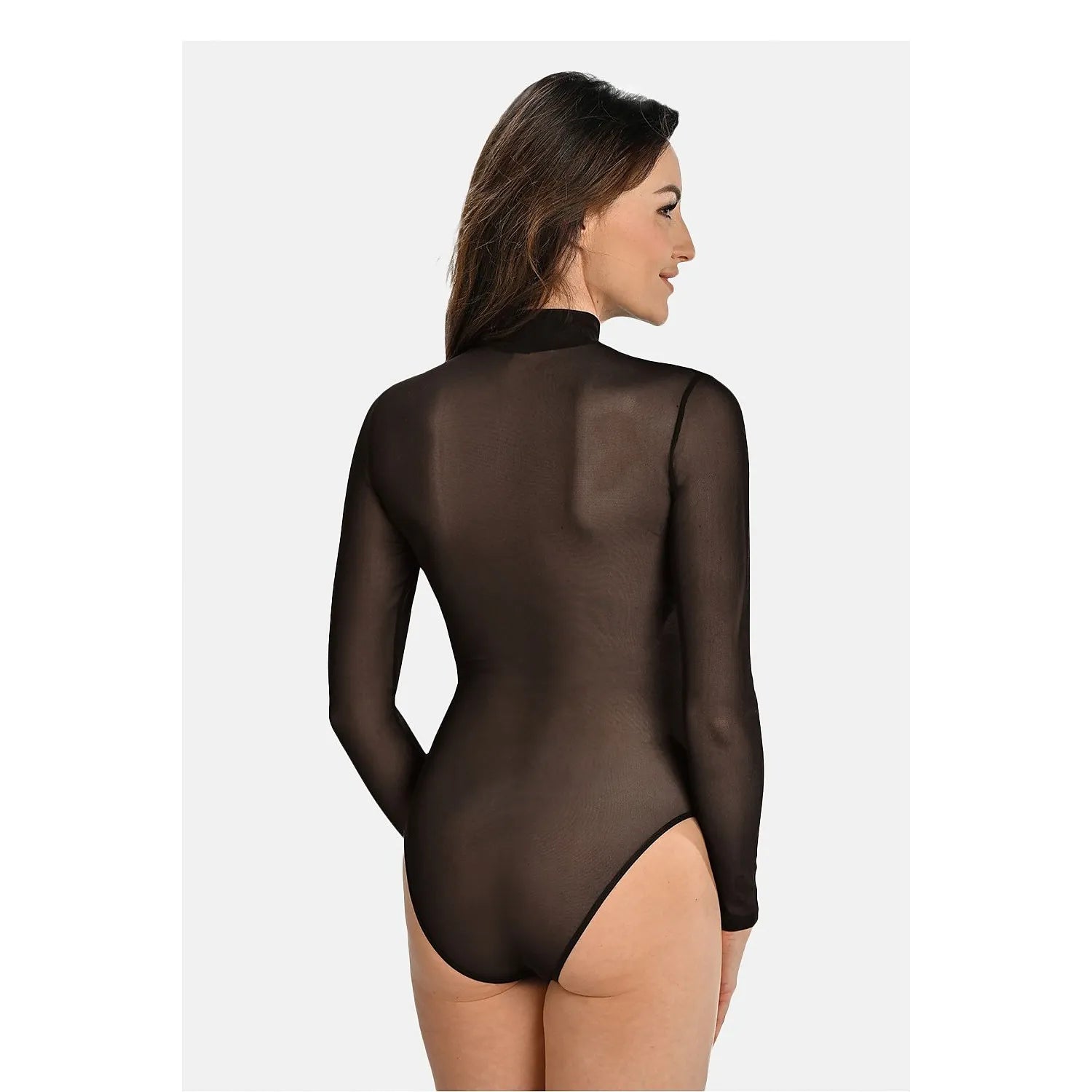 Body noir transparent manches longues col montant, coupe ample, tissu extensible, boutons pression entrejambe, élégant.