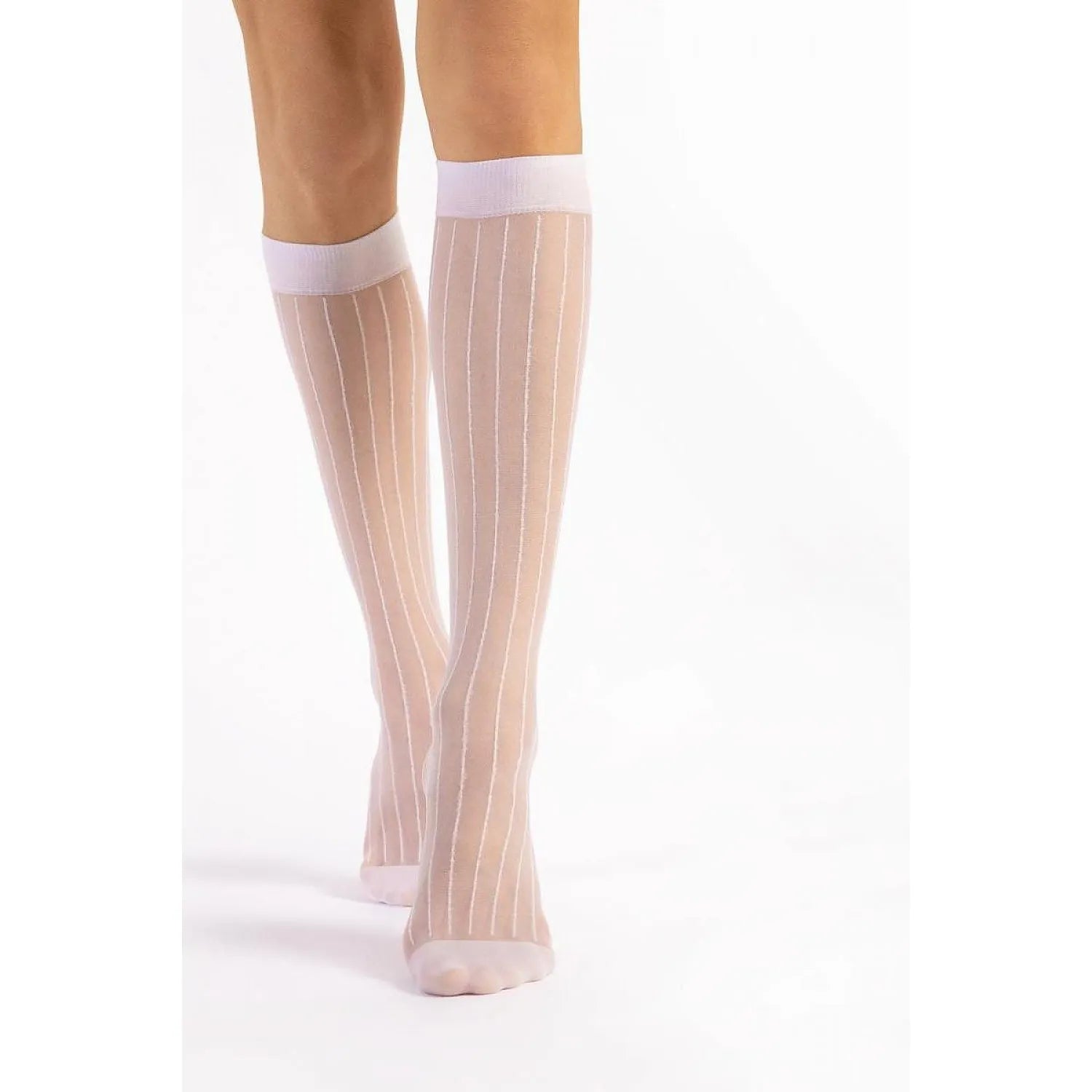 Chaussettes longues rayées fines Fiore beige transparentes blanches bande élastique maintien confortable polyamide élasthanne brillantes lisses genou