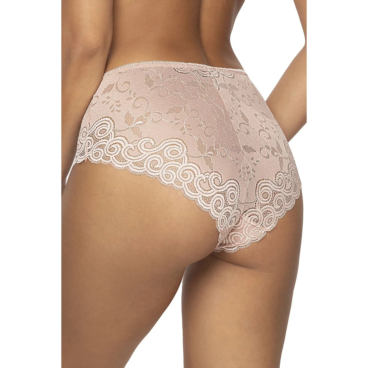 Ensemble lingerie dentelle floral nude rosée, soutien-gorge et culottes, bords ondulés, confort et élégance féminine.