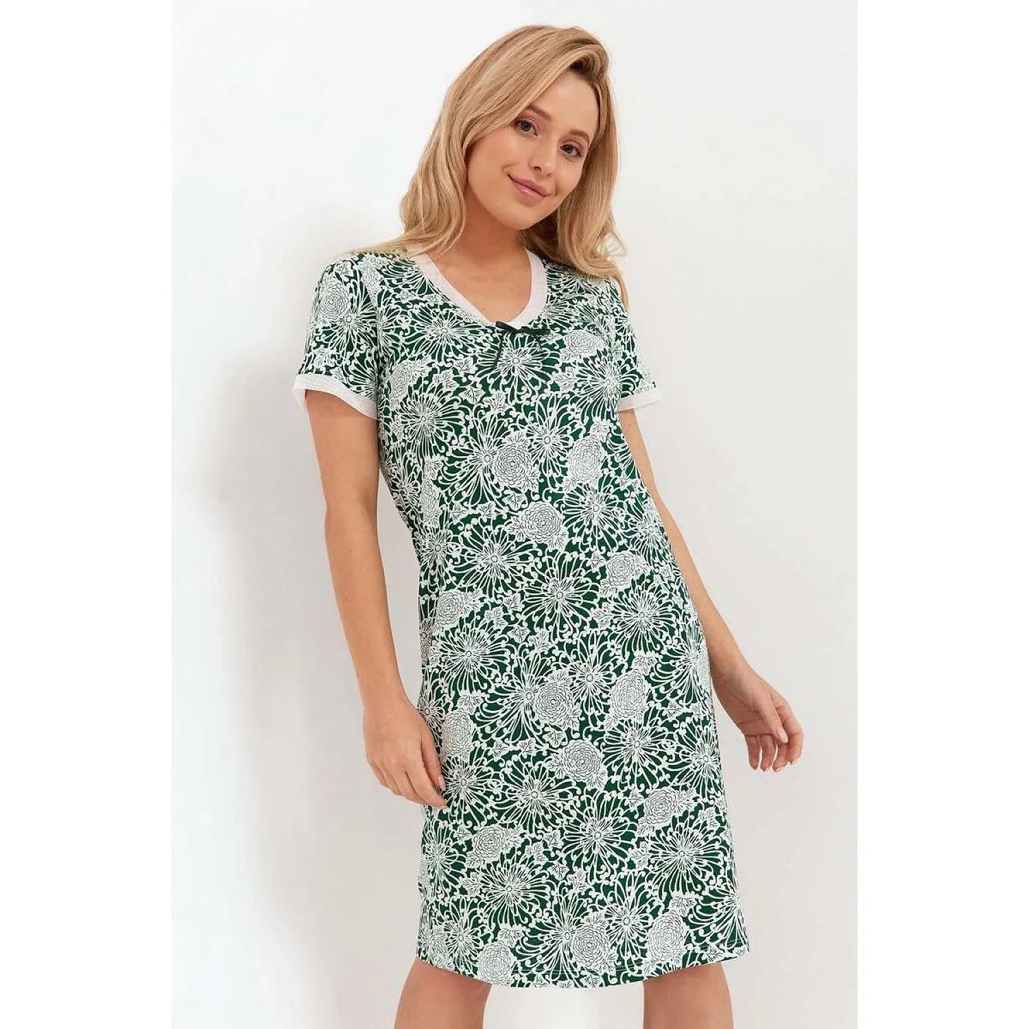 Chemise nuit élégante coton haute qualité manches courtes col rond noeud décoratif motif floral blanc vert foncé