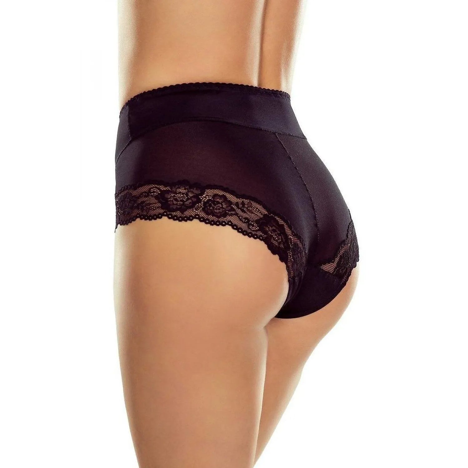 Culottes taille haute en dentelle noire, élégantes et confortables, offrant soutien et effet amincissant pour femme.