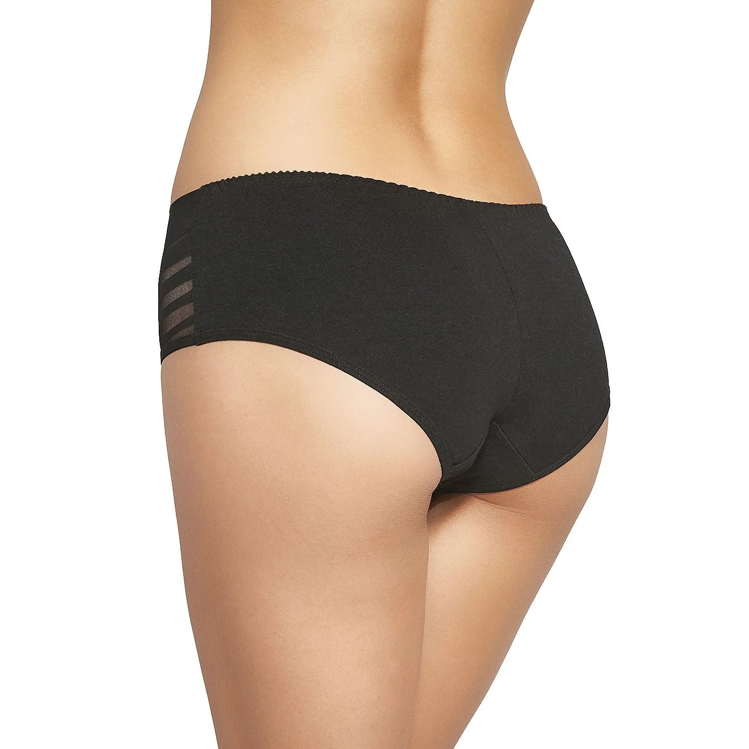 Culottes noires style années 70, maille transparente, taille basse, élégance et sensualité, design moderne.