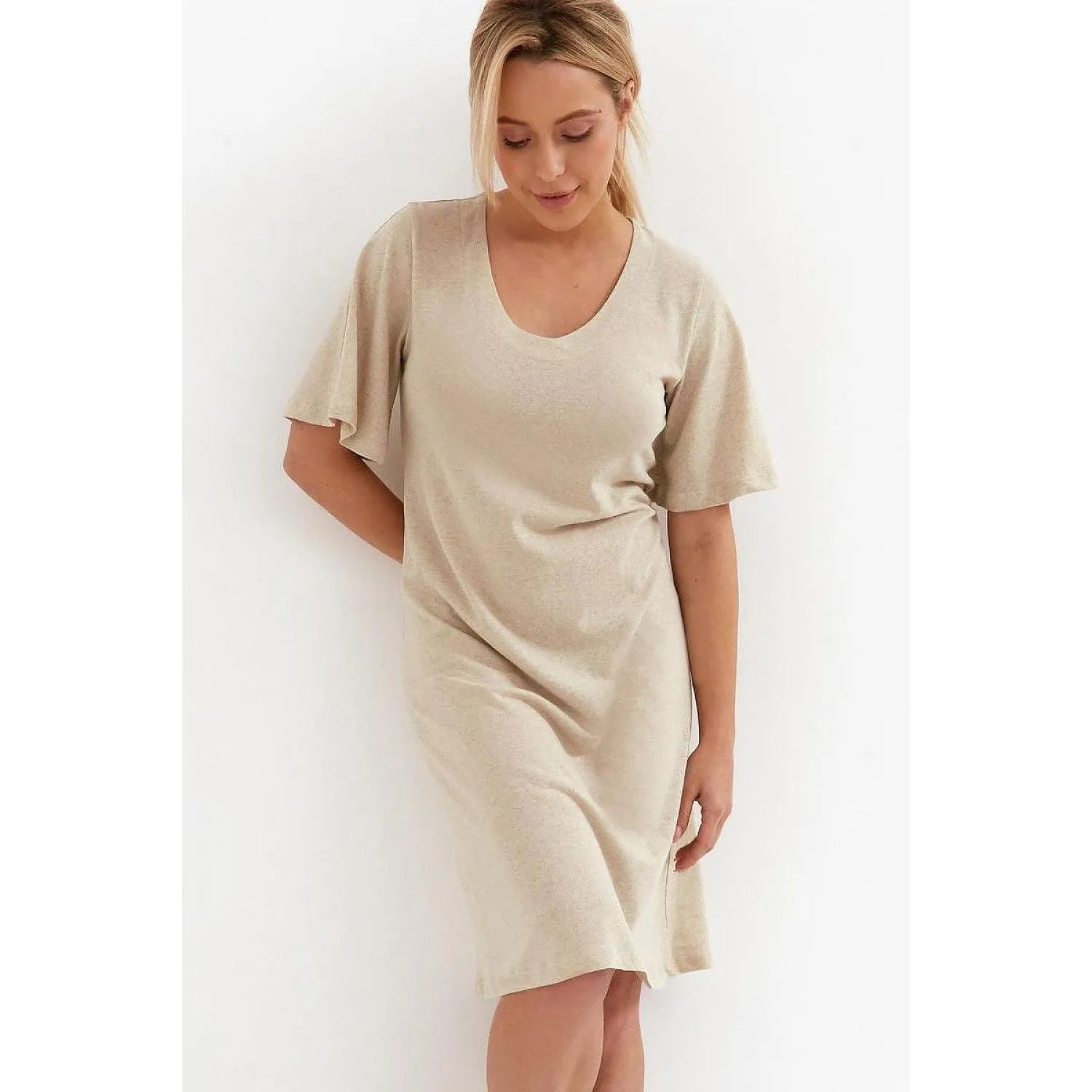 Chemise de nuit élégante viscose lin 5% élasthanne manches courtes larges encolure grande couleur beige taille S M L XL XXL XXXL