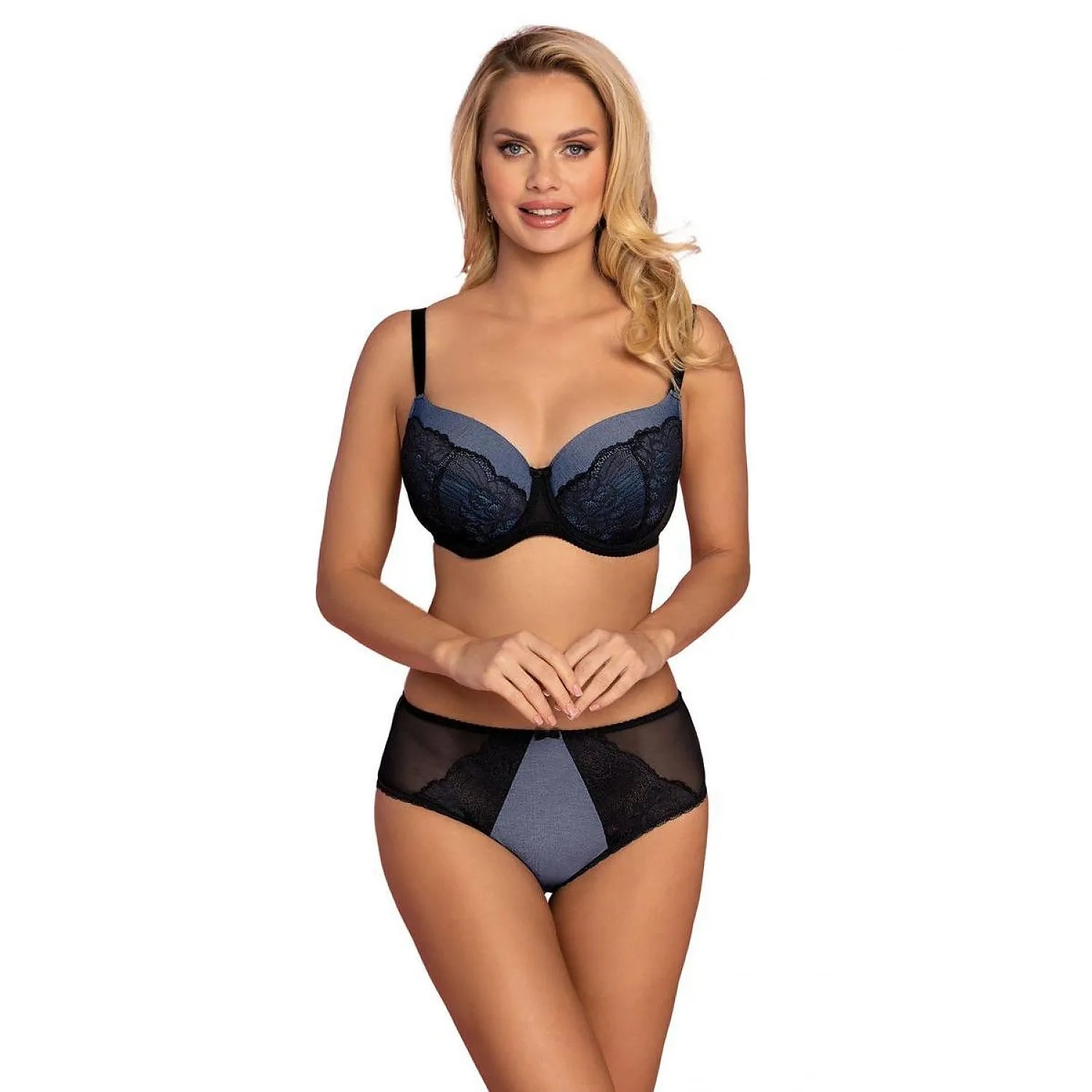 ensemble lingerie élégant dentelle tissu opaque soutien gorge culotte taille haute maintien armature bretelles ajustables bonnets floraux bleu foncé noir