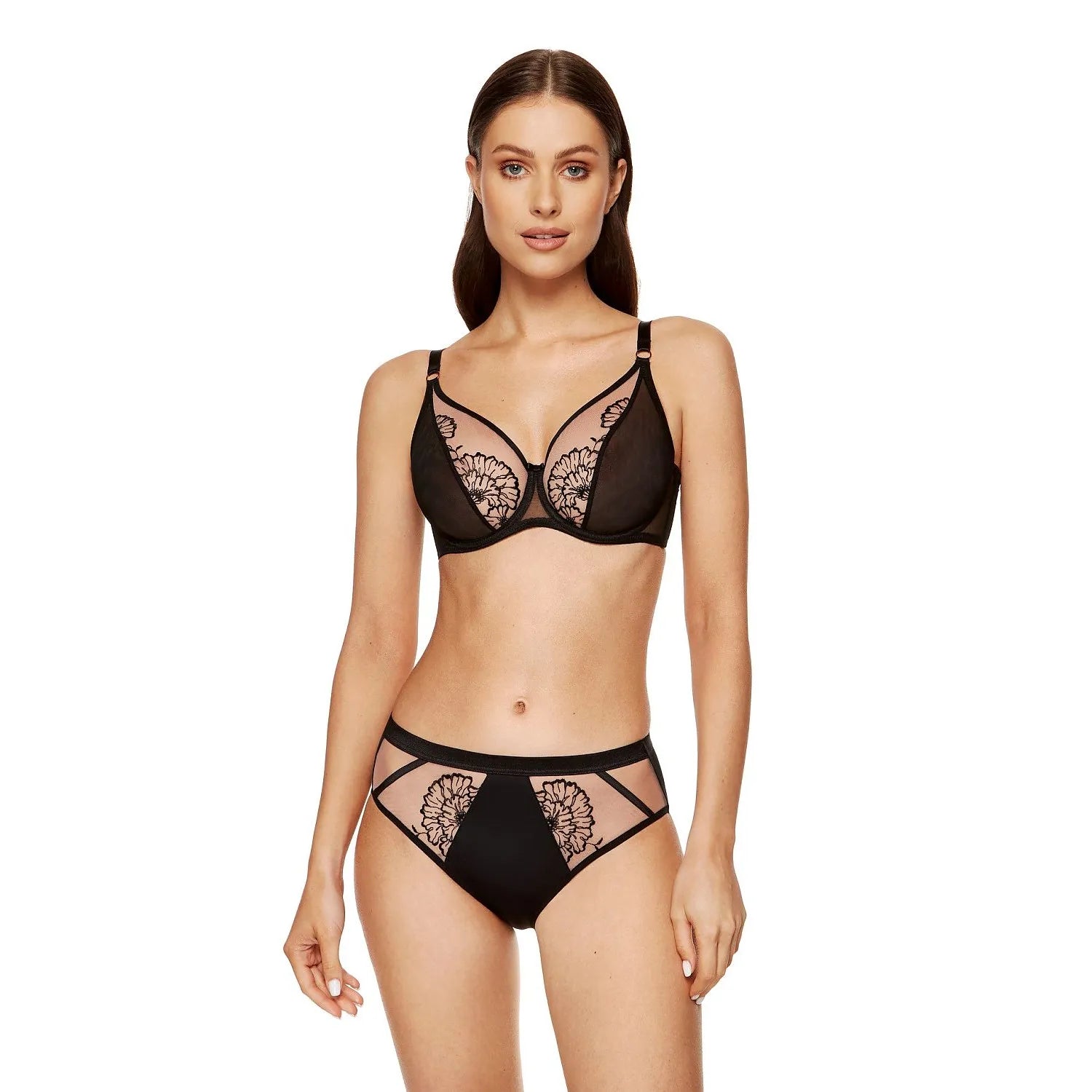 Culottes Gorteks model 198254 élégance noire et beige maille lisse filet brodé floral tulle élastique coton gusset