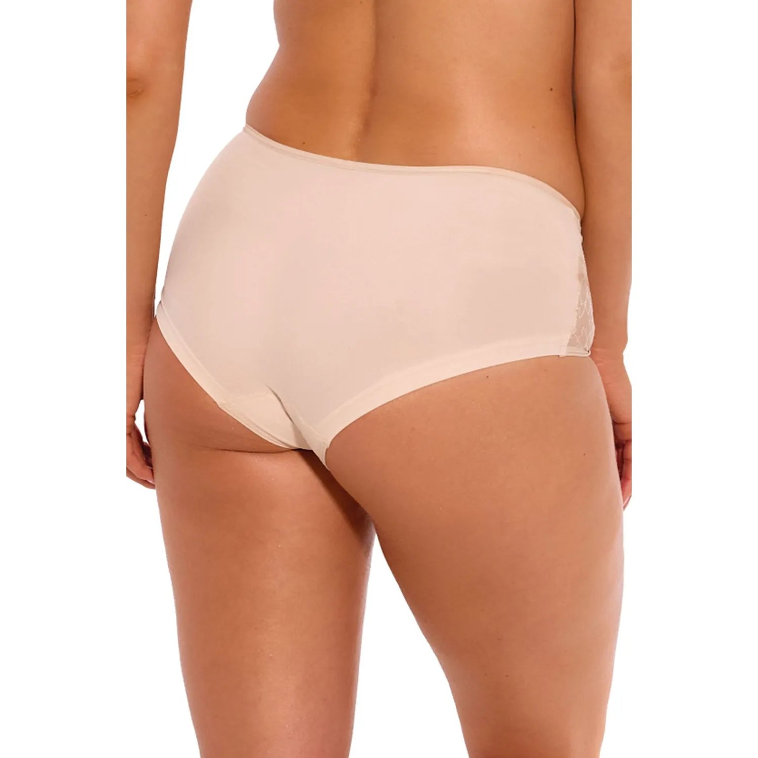Culotte Gaia beige taille haute femme, dentelle florale, broderie, confort discret, élégance et maintien optimal.