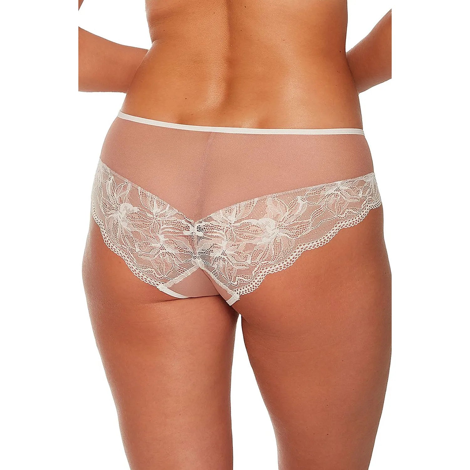 Culottes en dentelle nude à motifs floraux, taille basse, élégantes et confortables, vue arrière sur mannequin.