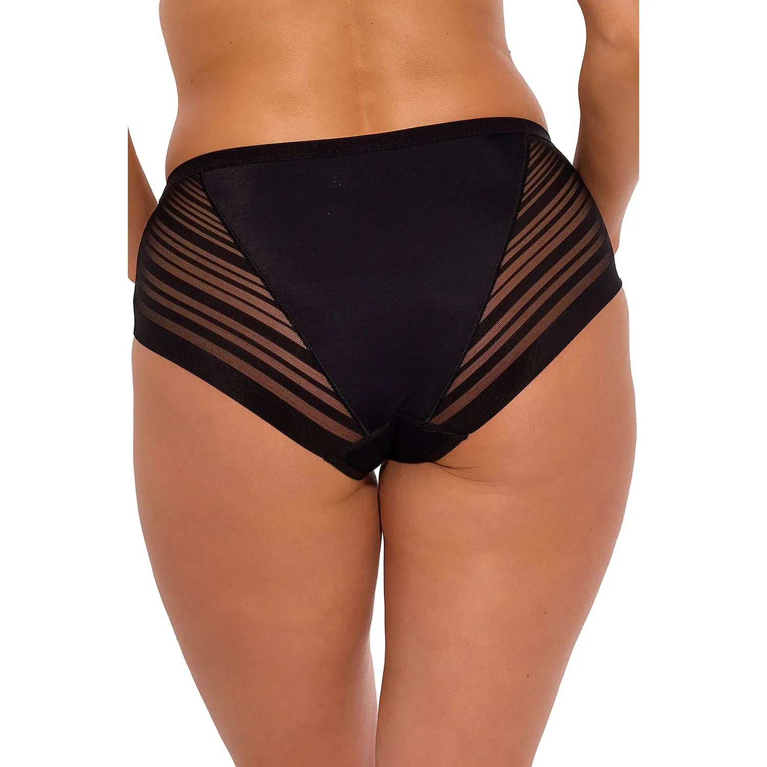 Culotte noire transparente en tulle chevron, taille haute, ajustement parfait, nœud délicat, doublure coton.