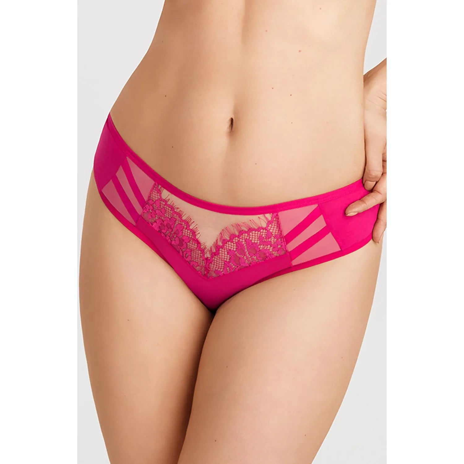 culottes brésiliennes microfibre douce dentelle délicate tulles élastiques bandes verticales transparentes arrière lisse bikini couverture modérée Gorsenia lingerie rose vif