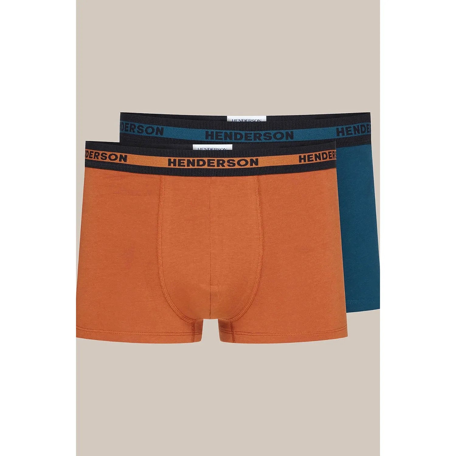 ensemble boxers hommes lot deux paires orange bleu coupe ajustée ceinture élastique noire logo Henderson coton extensible respirant douceur