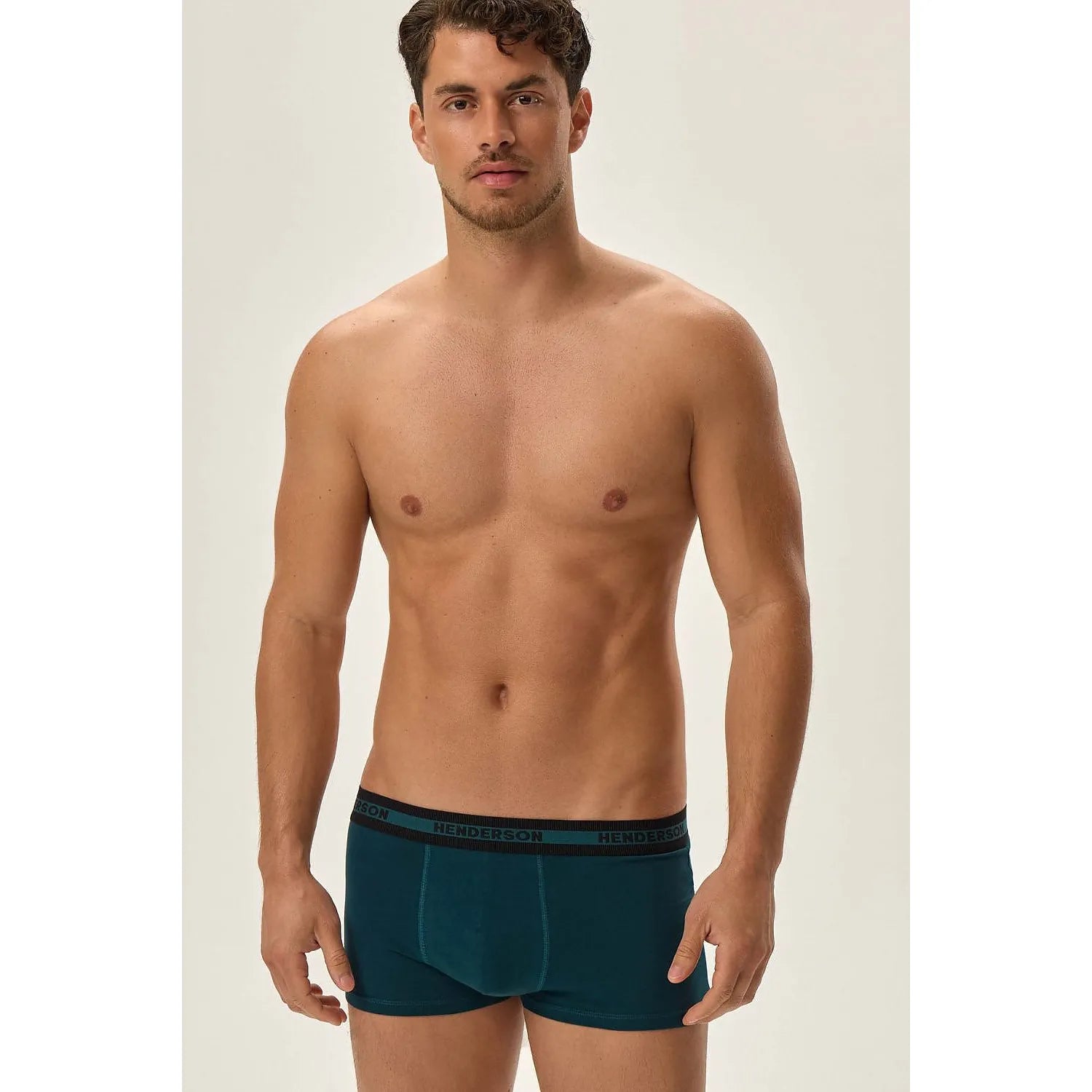 Boxers homme ajustés bleu et orange, ceinture élastique noire logo Henderson, coton extensible, confort et style.