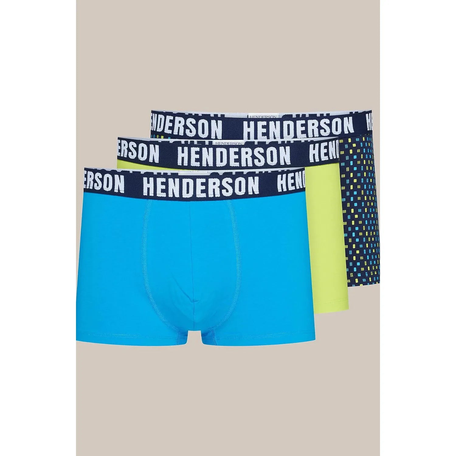 Ensemble boxers ajustés homme Henderson 199571 lot trois couleurs bleu vert multicolore ceinture élastique noire logo coton élasthanne confort maintien