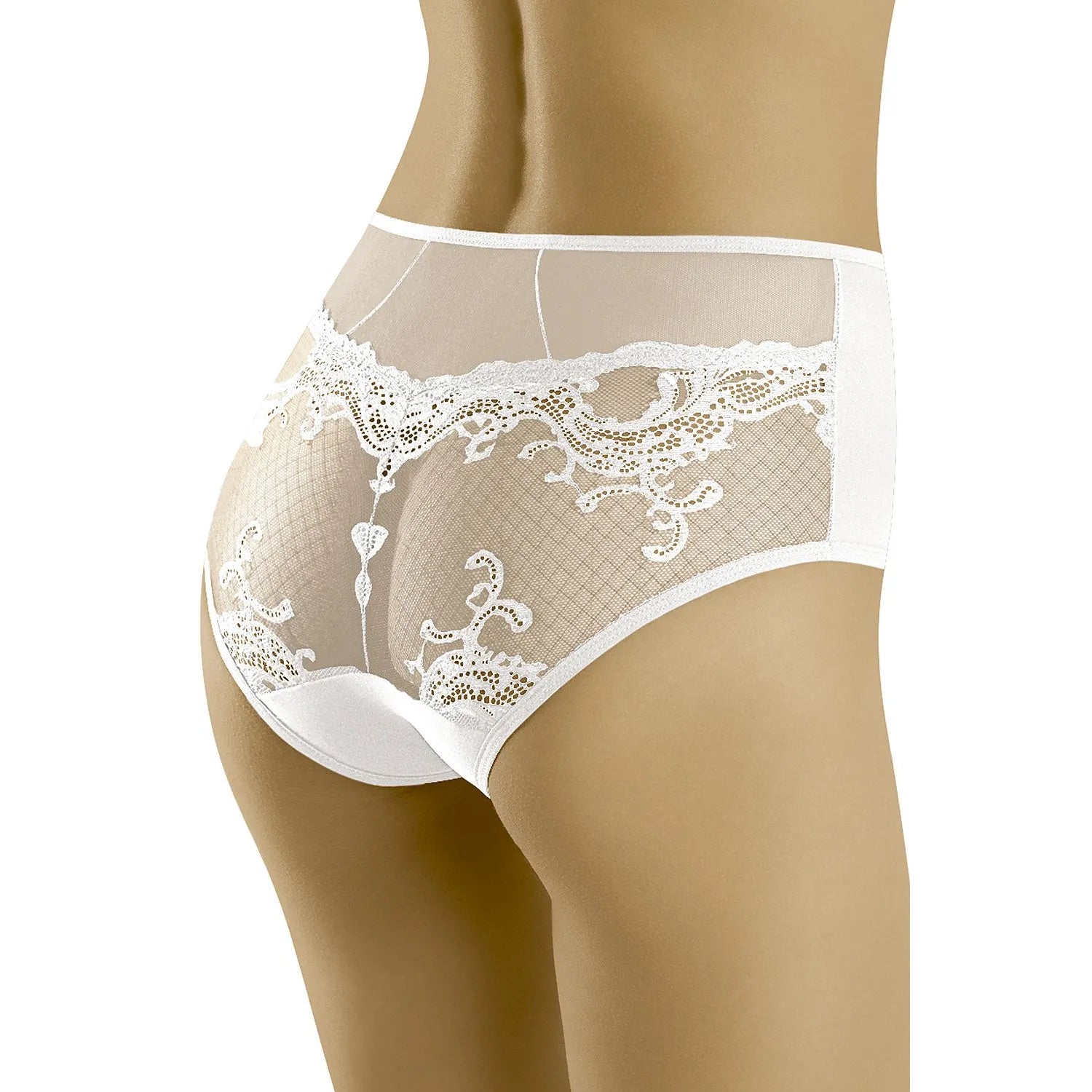 Culotte taille haute blanche en maille transparente, dentelle élégante, confort et sensualité, lingerie féminine.