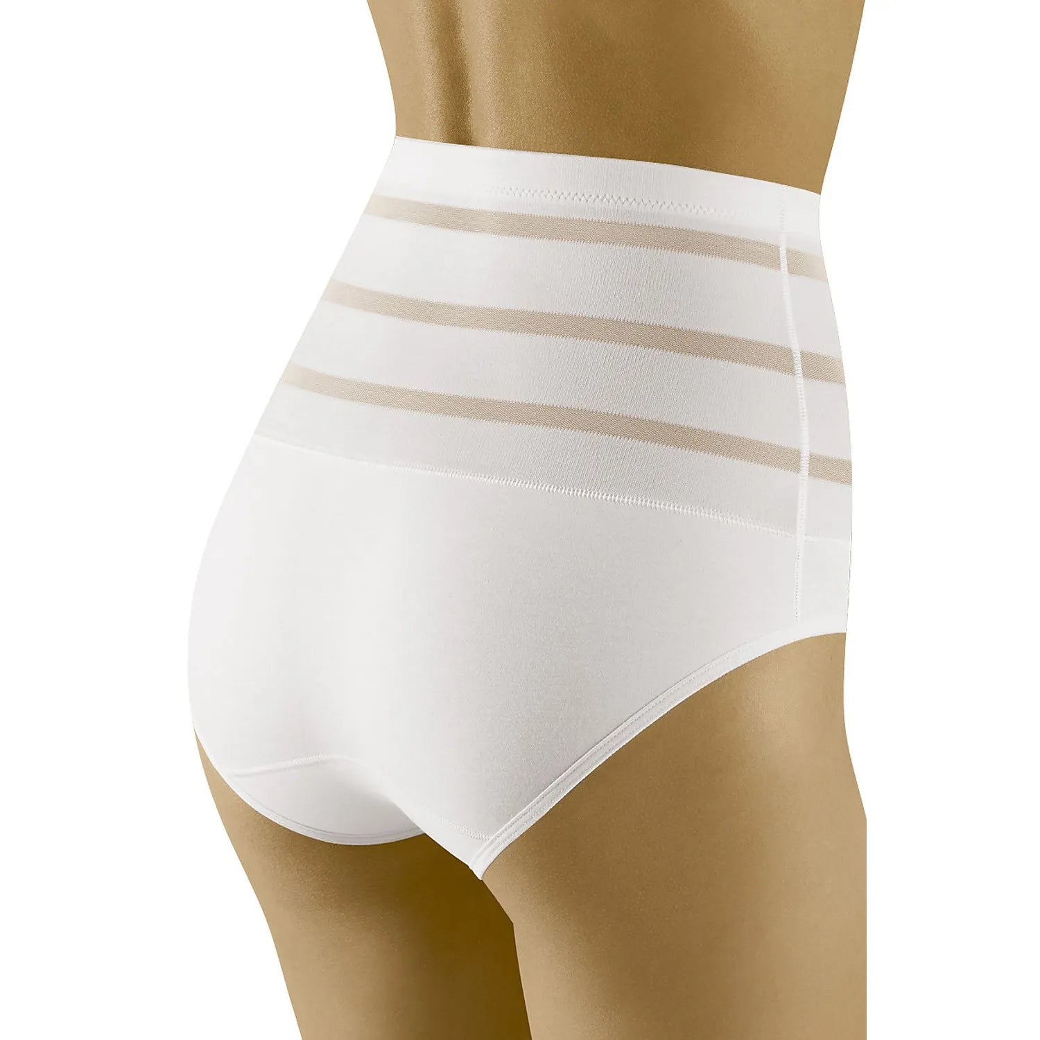 Culotte gainante blanche Wolbar 199732, taille haute, effet amincissant, bandes transparentes, confort et élégance.