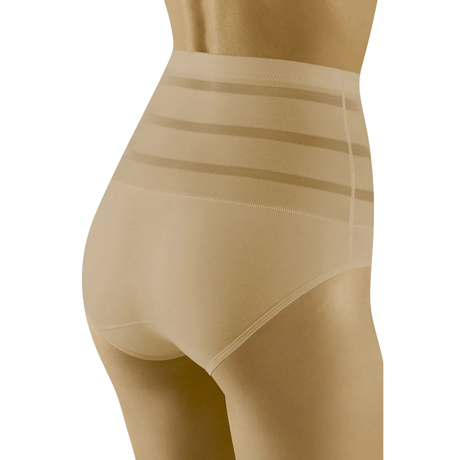 Culotte gainante beige haute taille Wolbar, effet galbant, sans couture, insert coton, lingerie sculptante confortable.